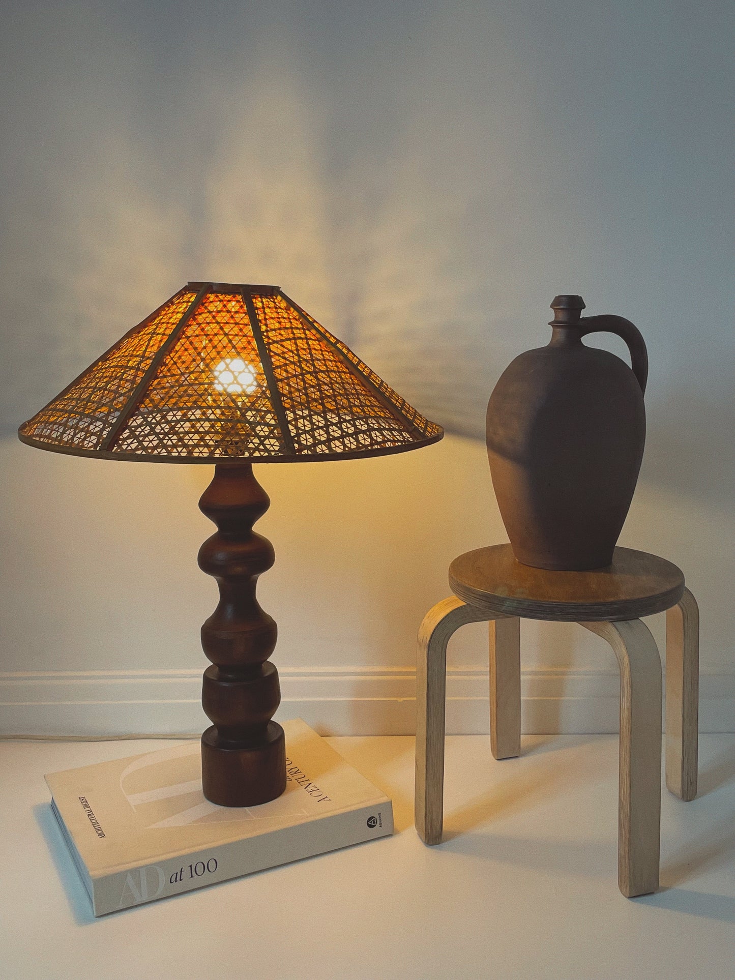 Scandi free form solid wood & rattan lamp
