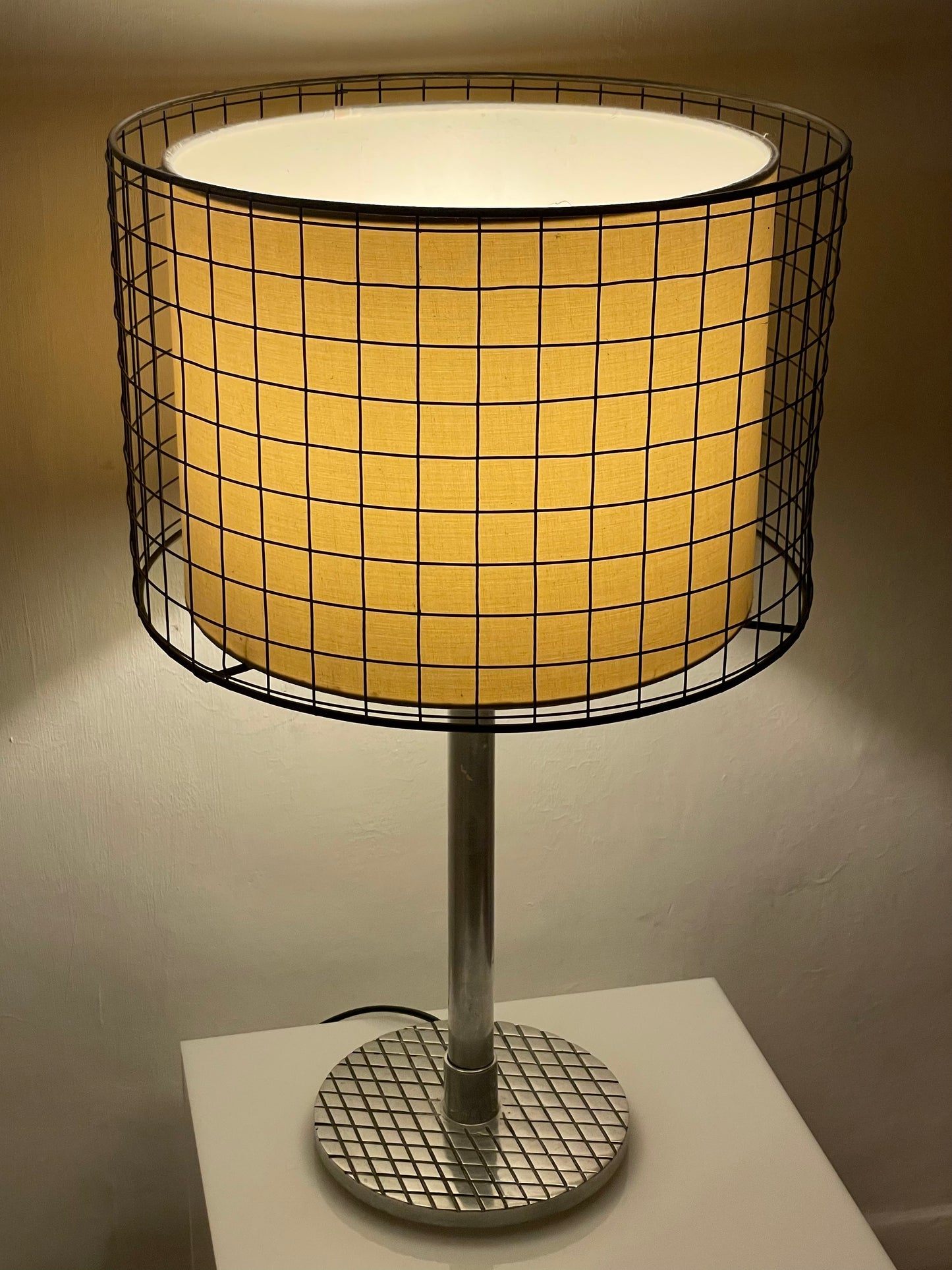 Chrome gridded caged lamp
