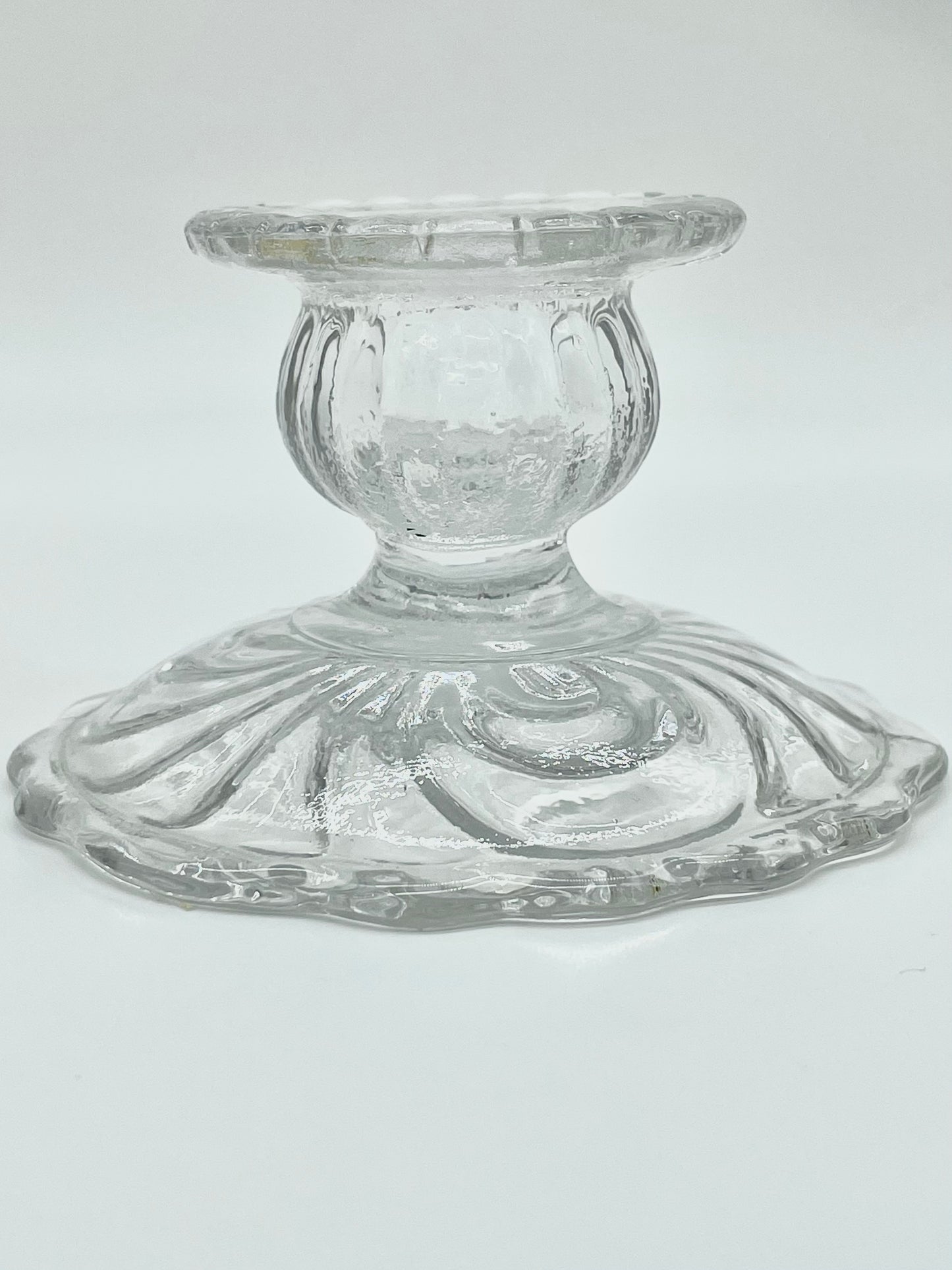 Short patterned clear glass candlestick holder