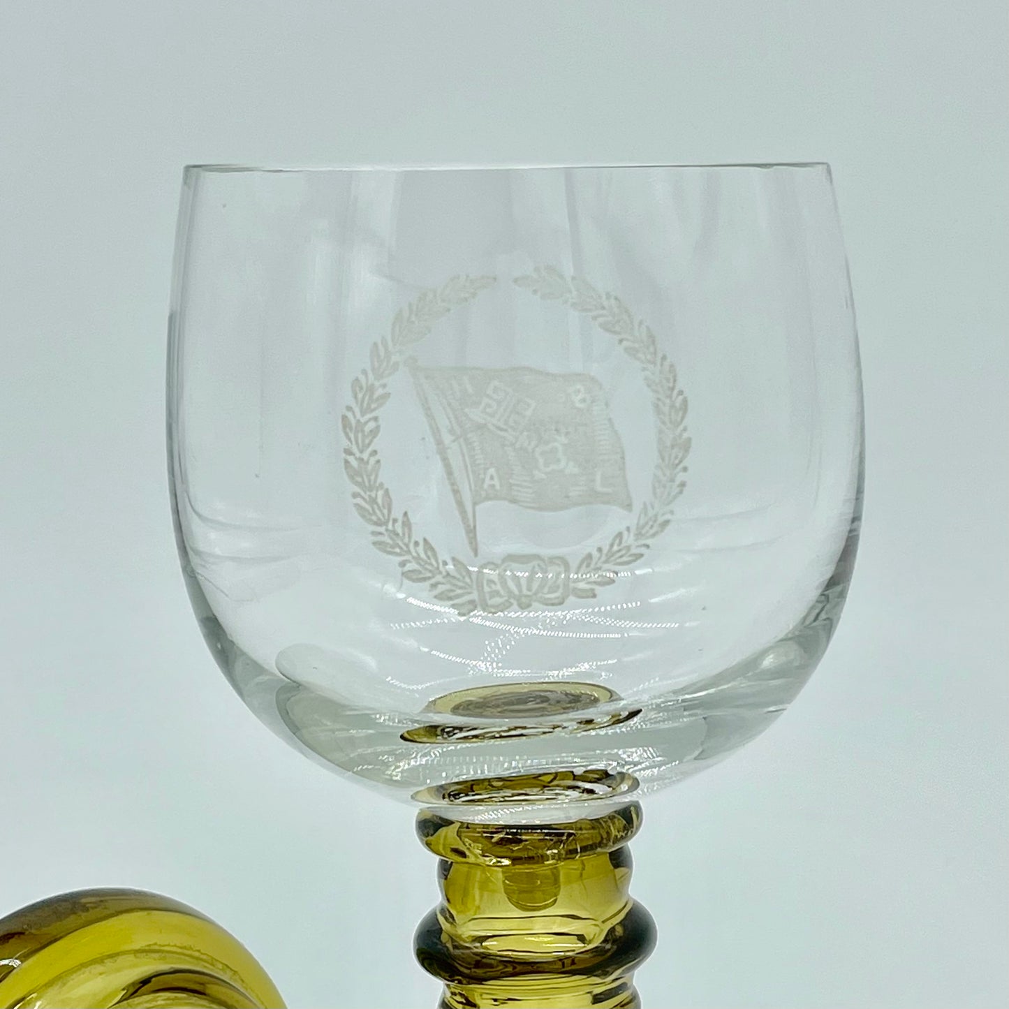 Pair of olive beehive stemmed wine glasses