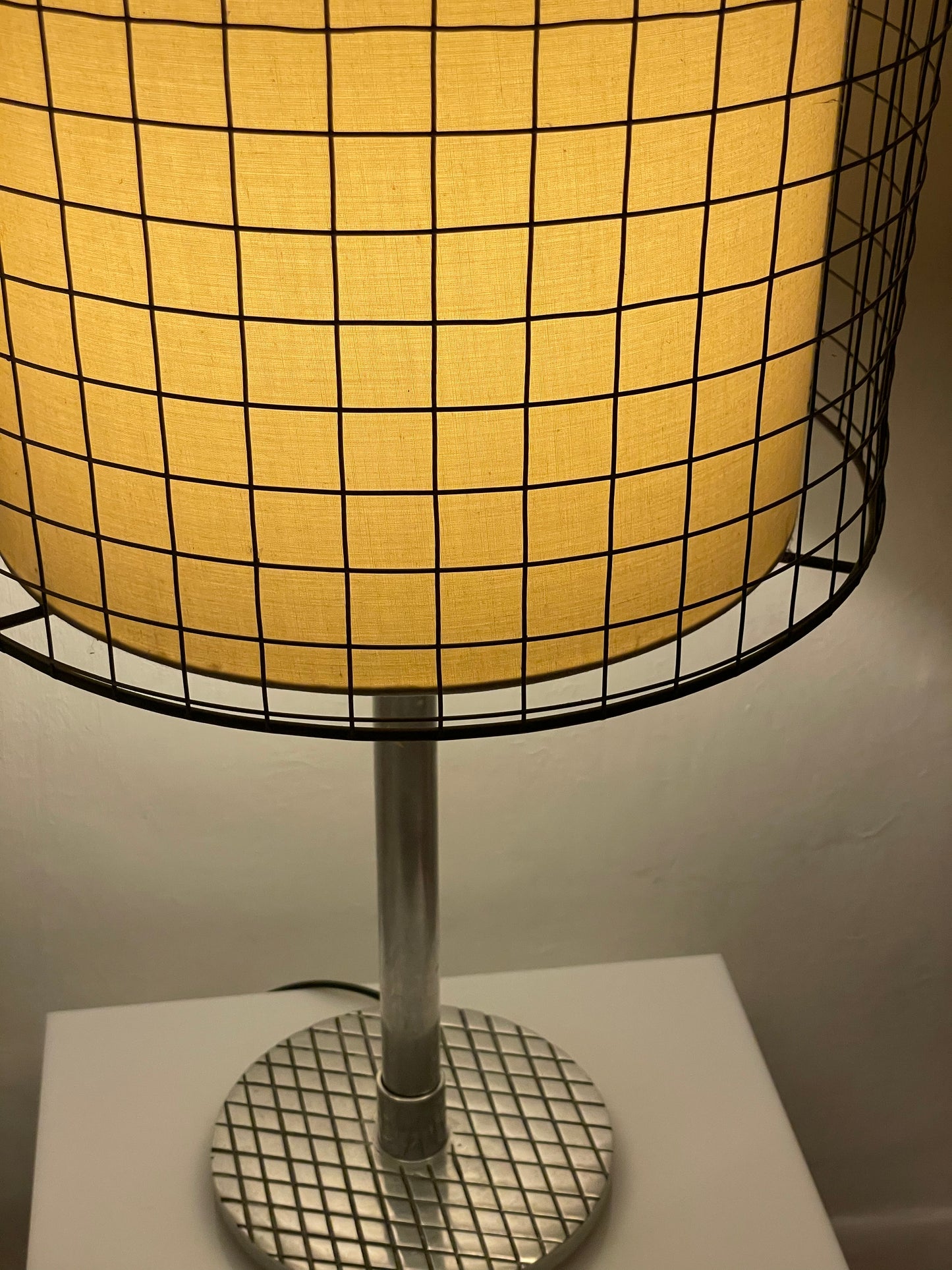 Chrome gridded caged lamp