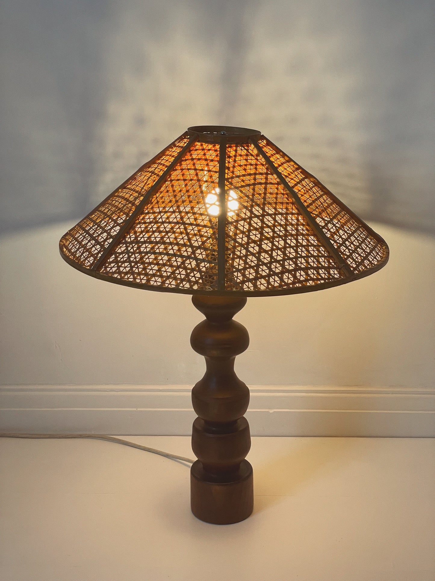 Scandi free form solid wood & rattan lamp
