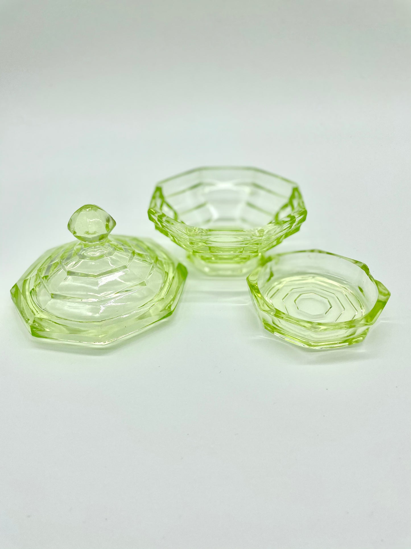 Lime green uranium glass Art Deco trinket pot and ring dish