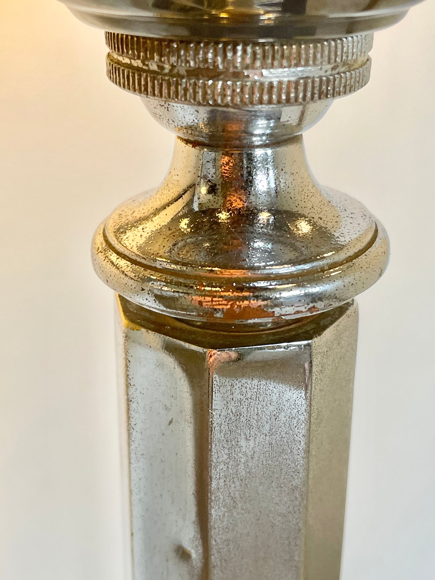 Chrome Art Deco lamp with blue flecked globe