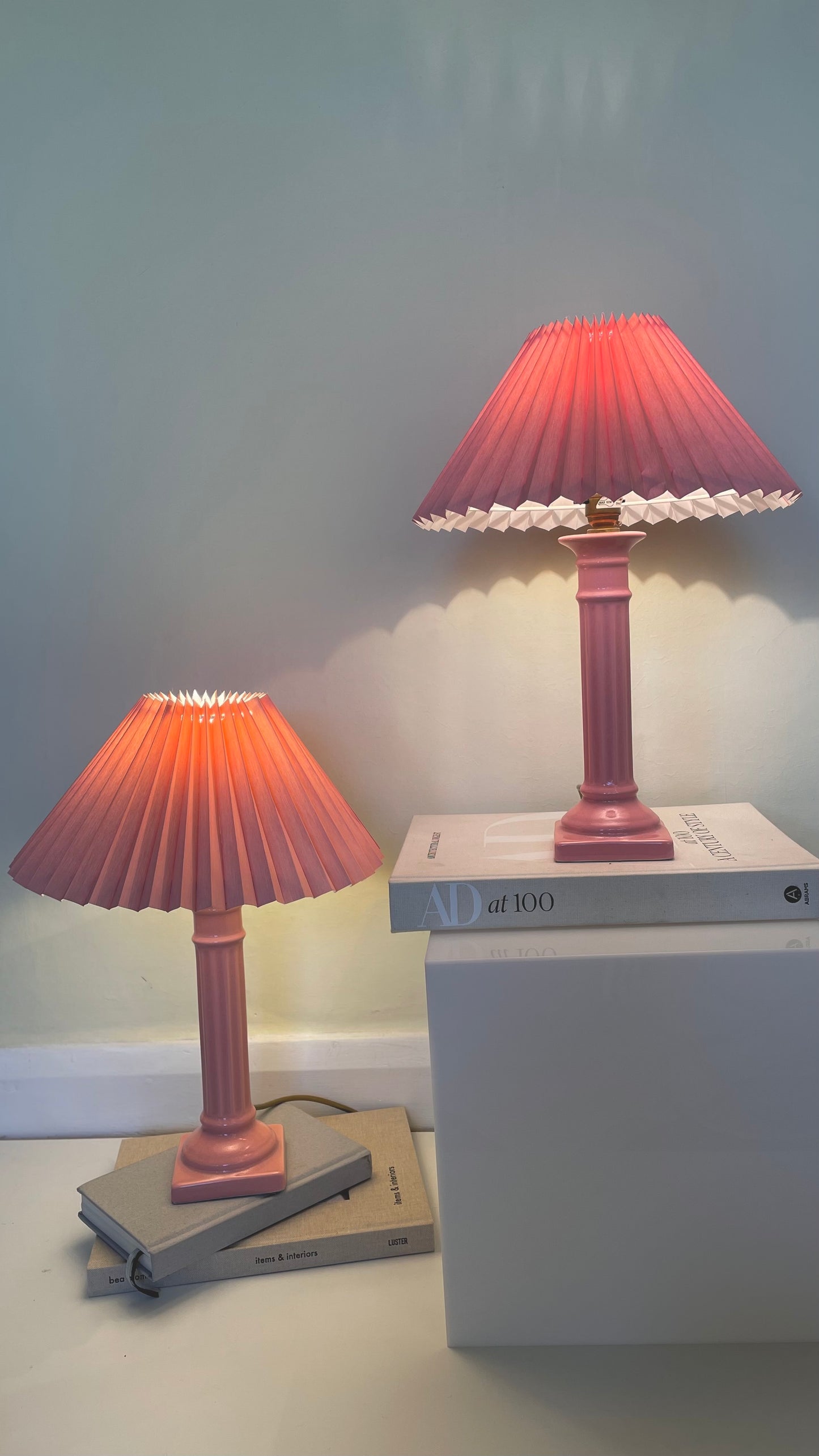Pink corinthian column lamp with pleated shade