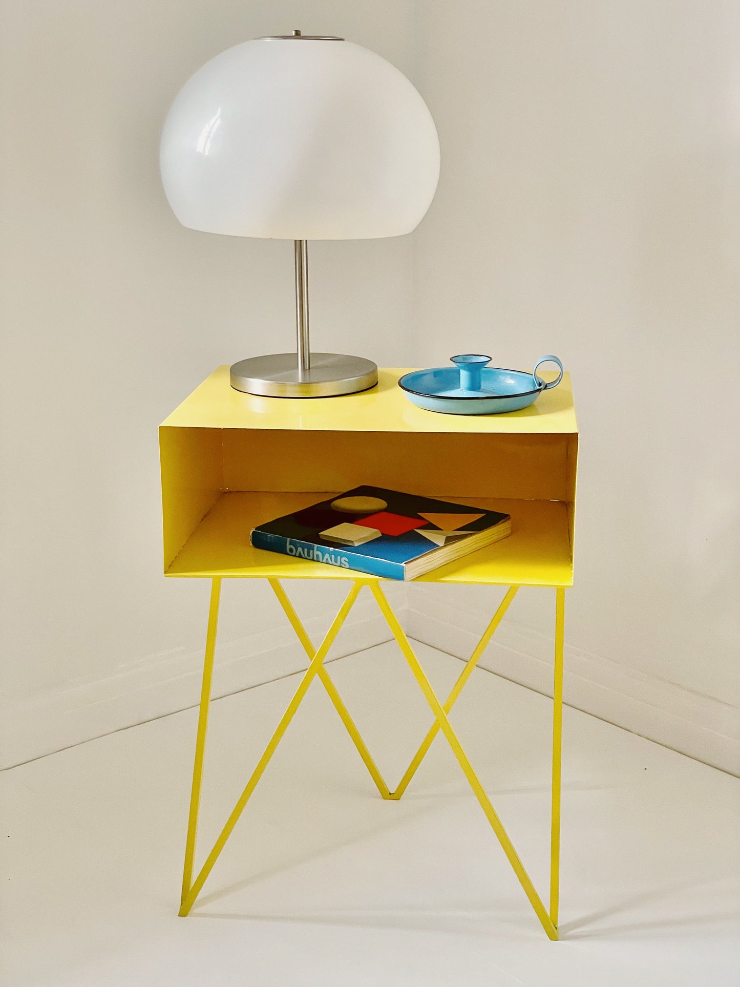 Yellow industrial metal side table