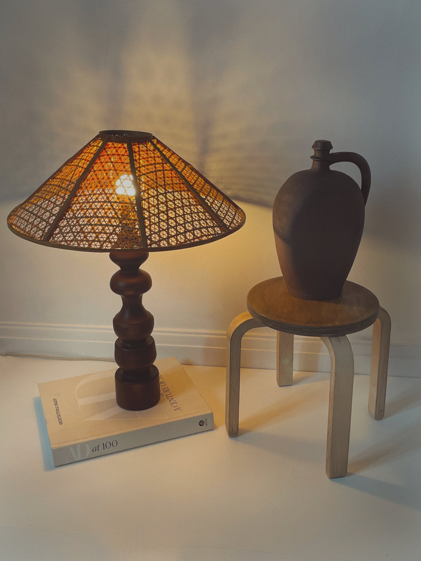 Scandi free form solid wood & rattan lamp