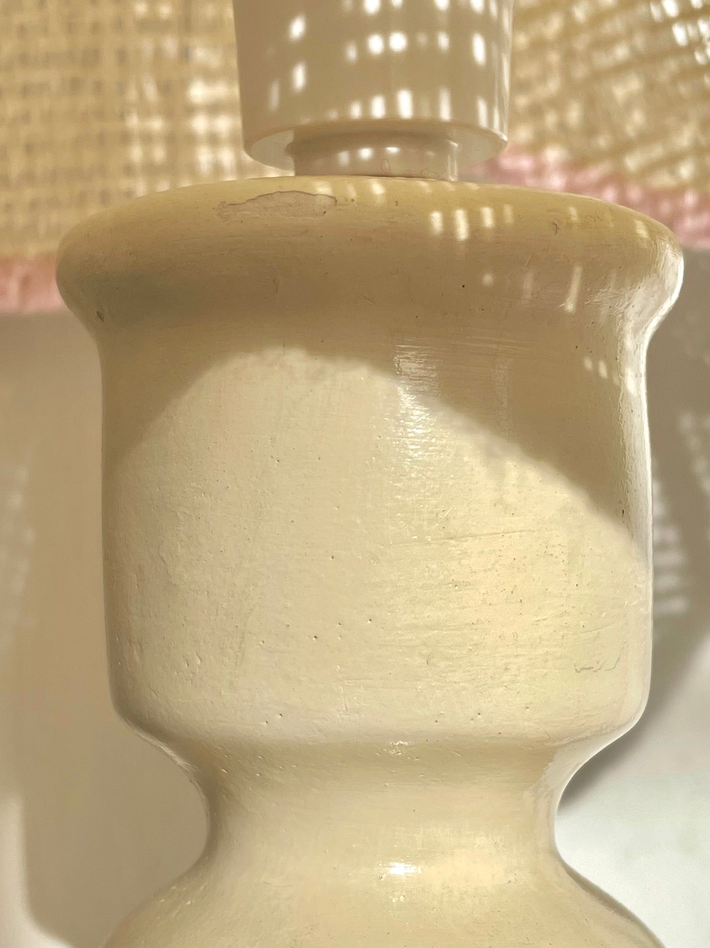 Hooped lamp with pink scalloped rattan shade