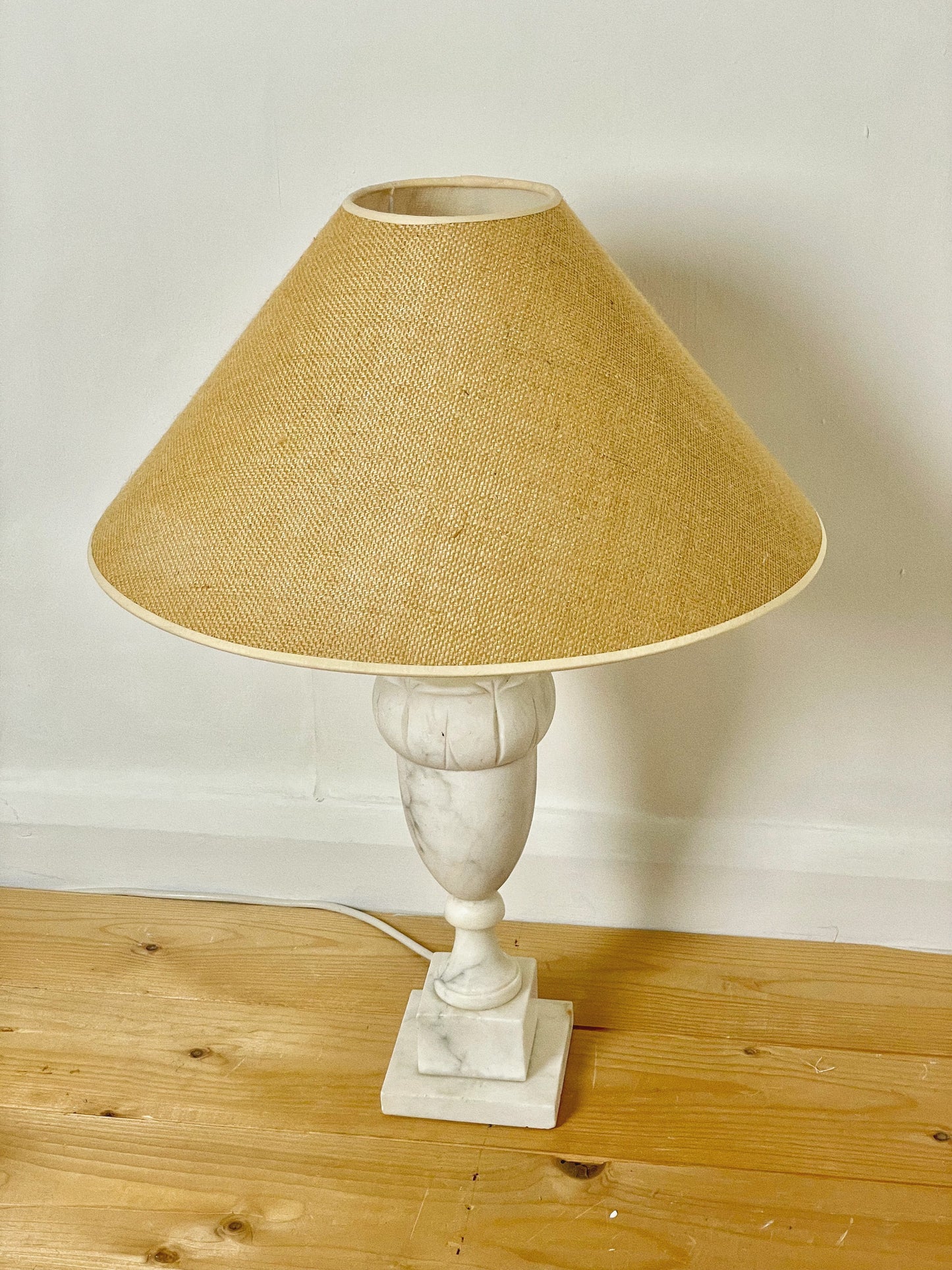 Large marble lamp with hessian shade
