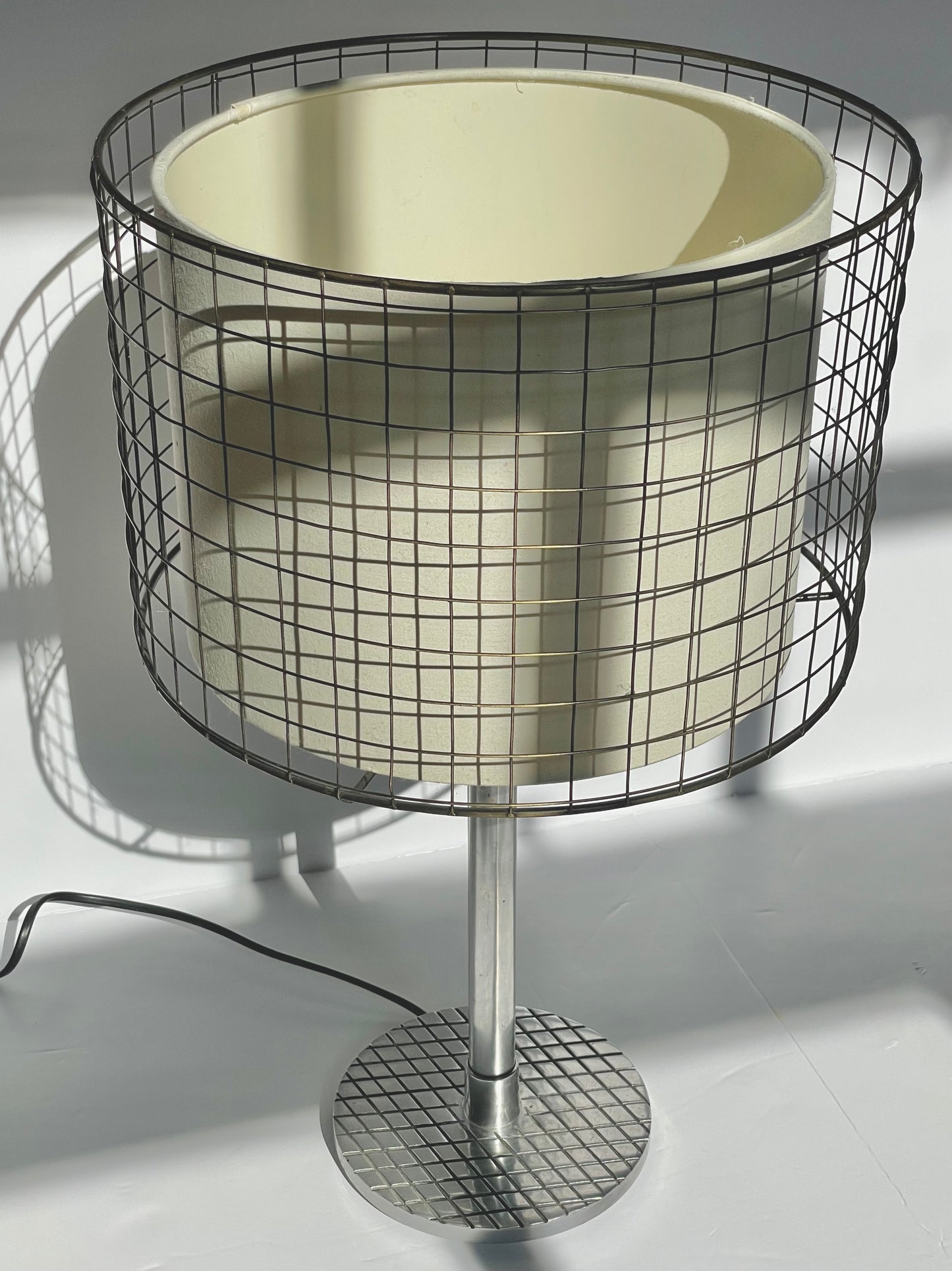 Chrome gridded caged lamp