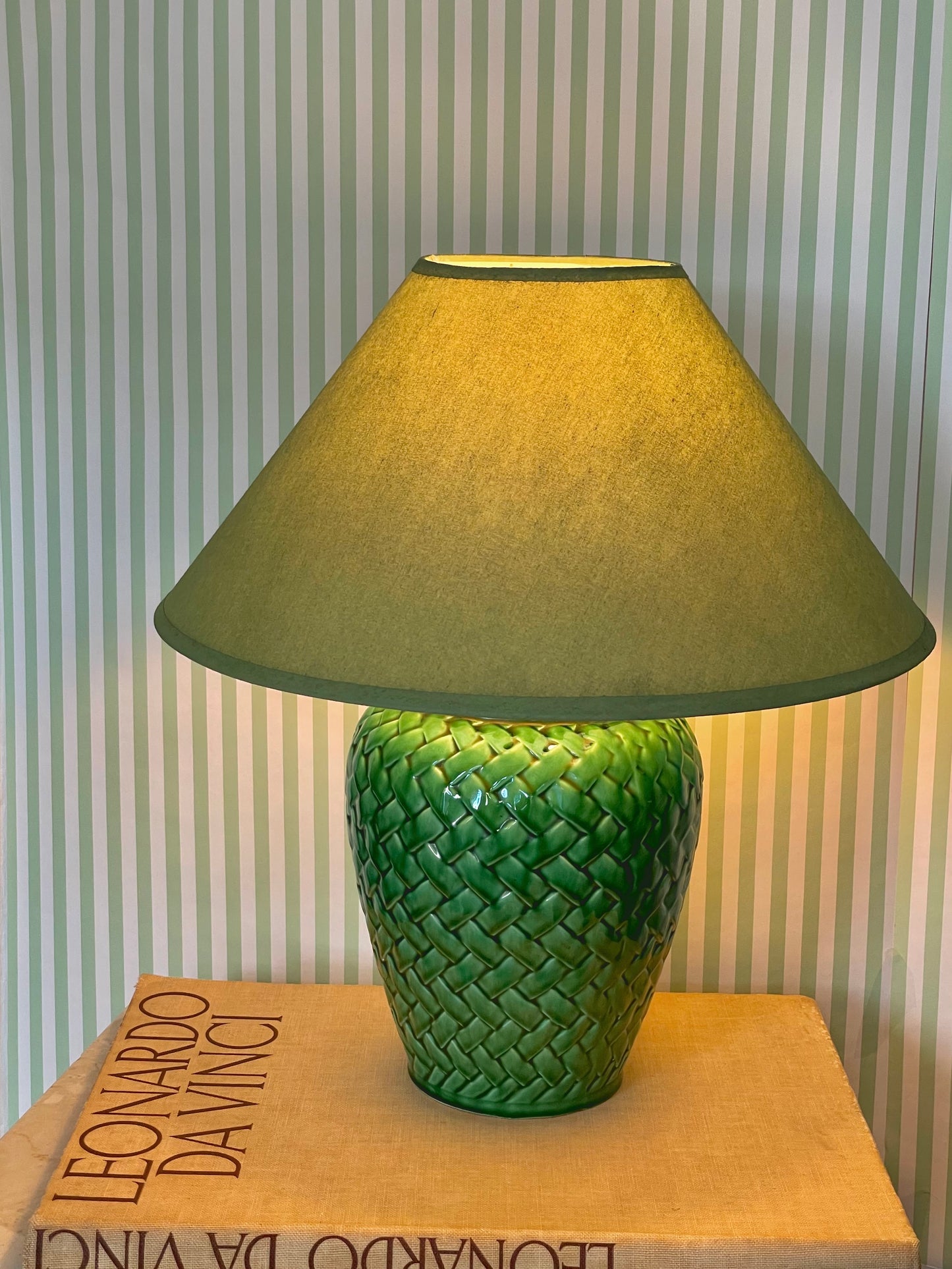 Green basket weave ceramic lamp with coolie shade