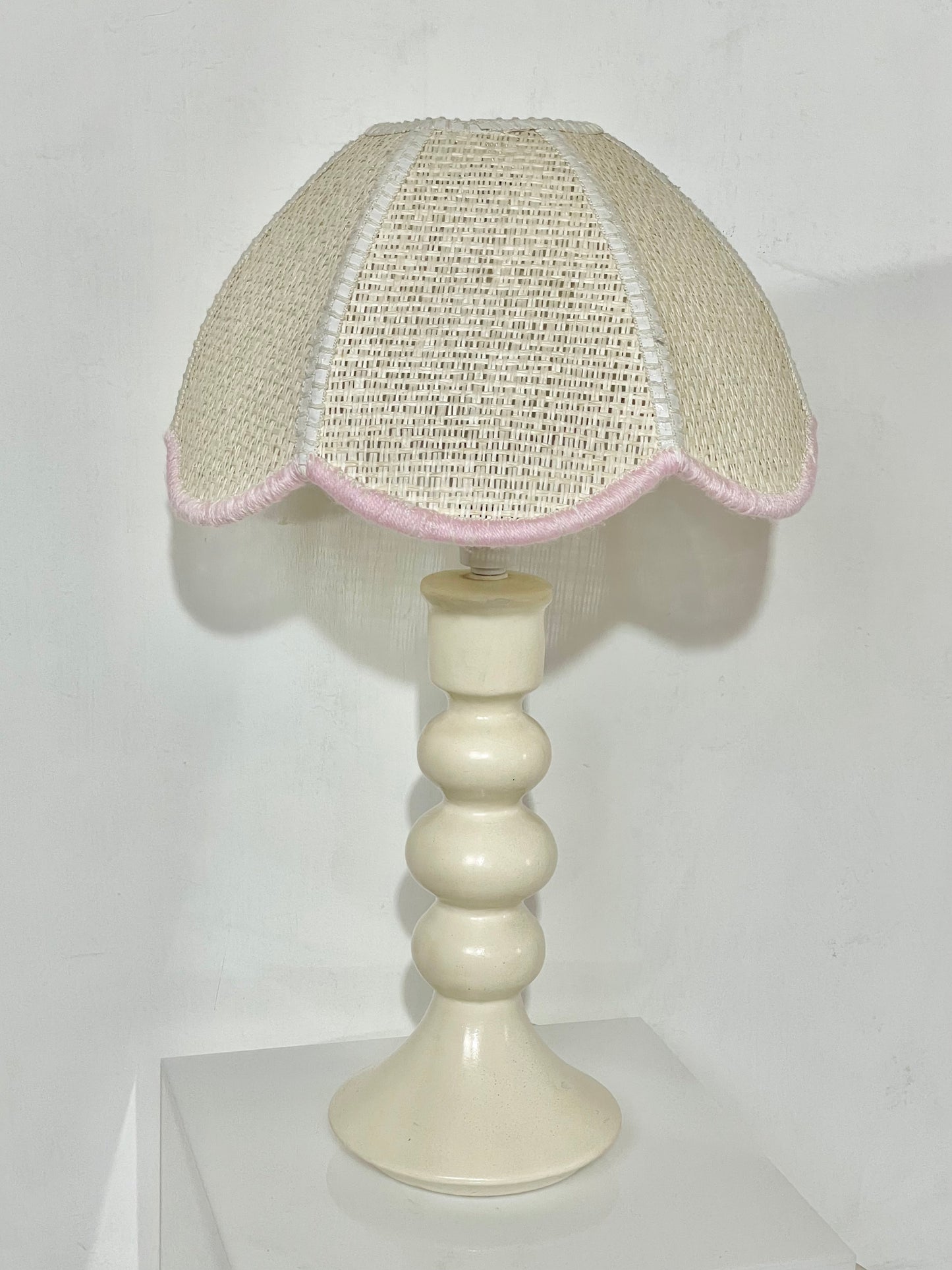 Hooped lamp with pink scalloped rattan shade