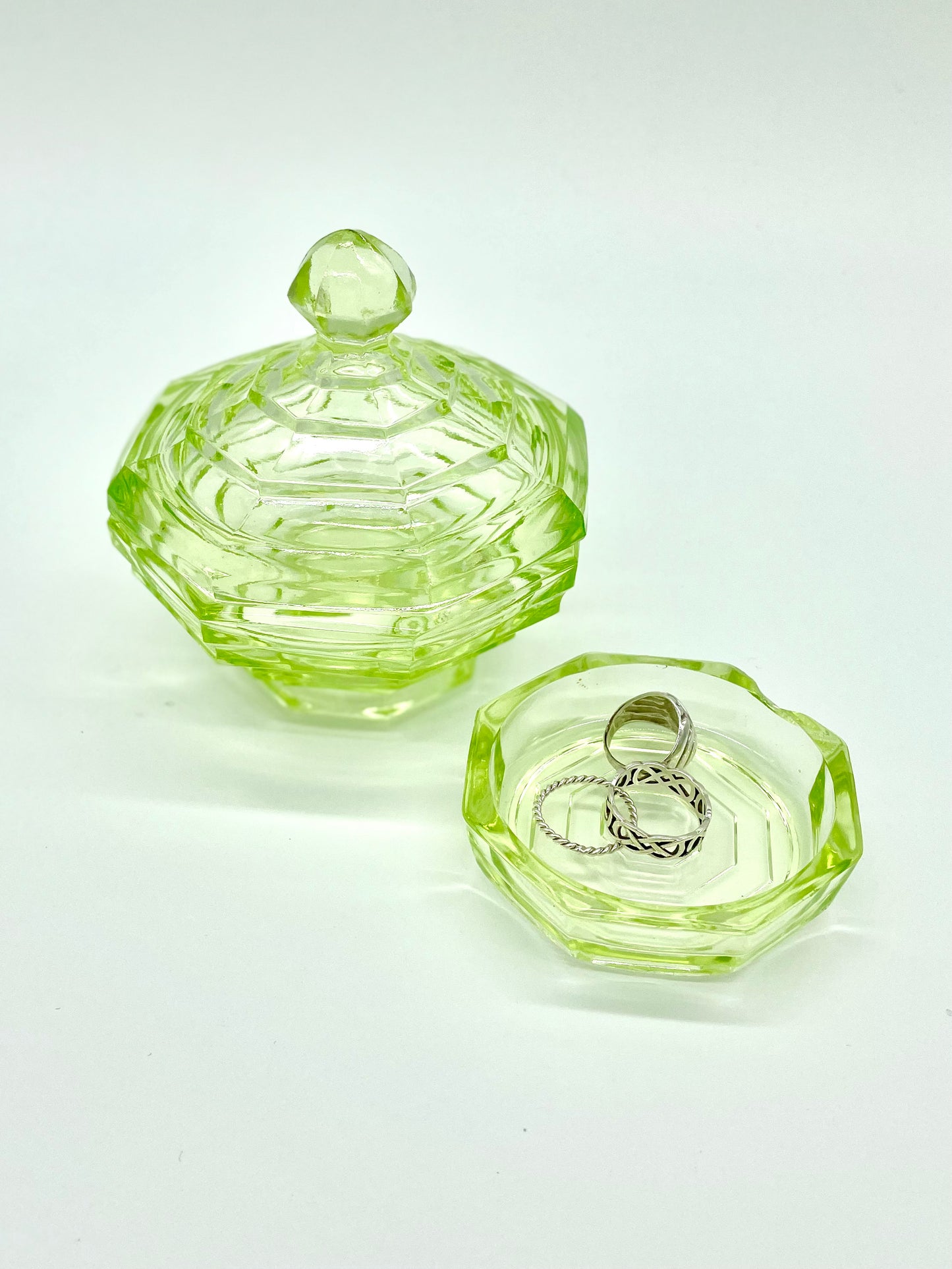 Lime green uranium glass Art Deco trinket pot and ring dish