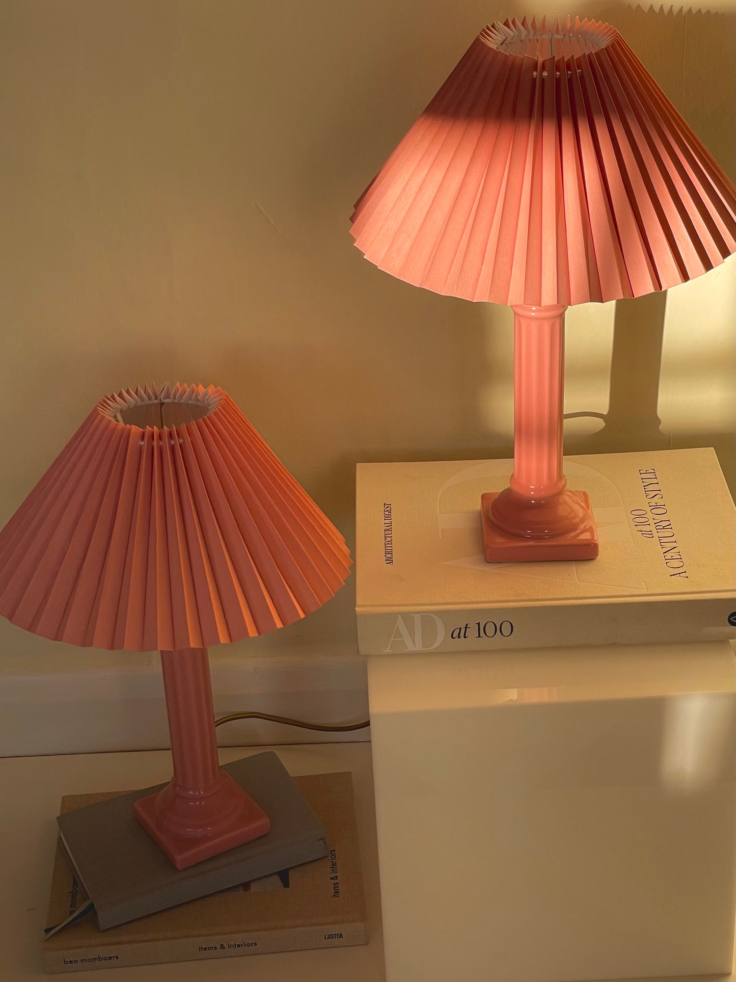 Pink corinthian column lamp with pleated shade