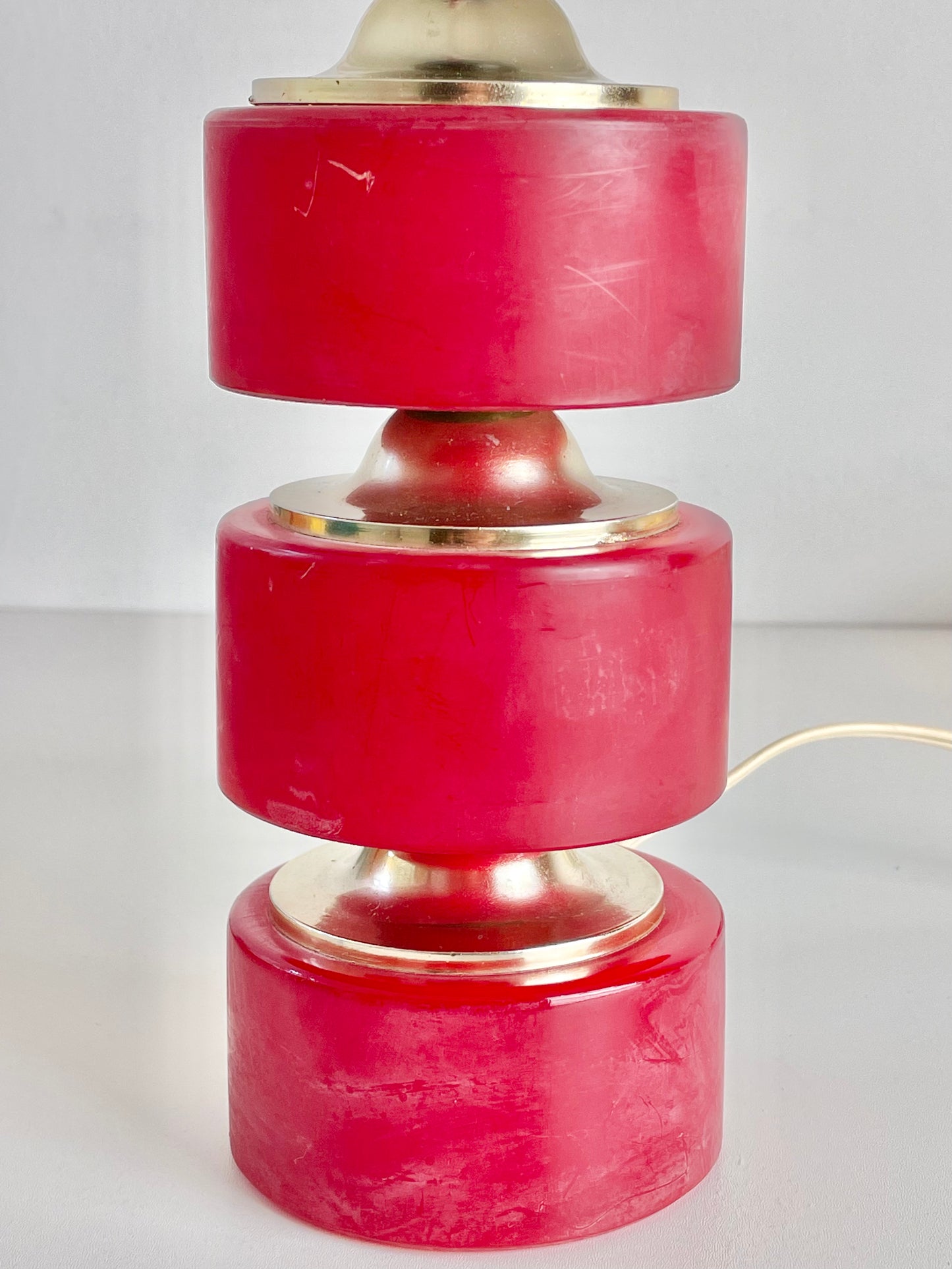 Pink stone hooped lamp with burgundy pleated shade
