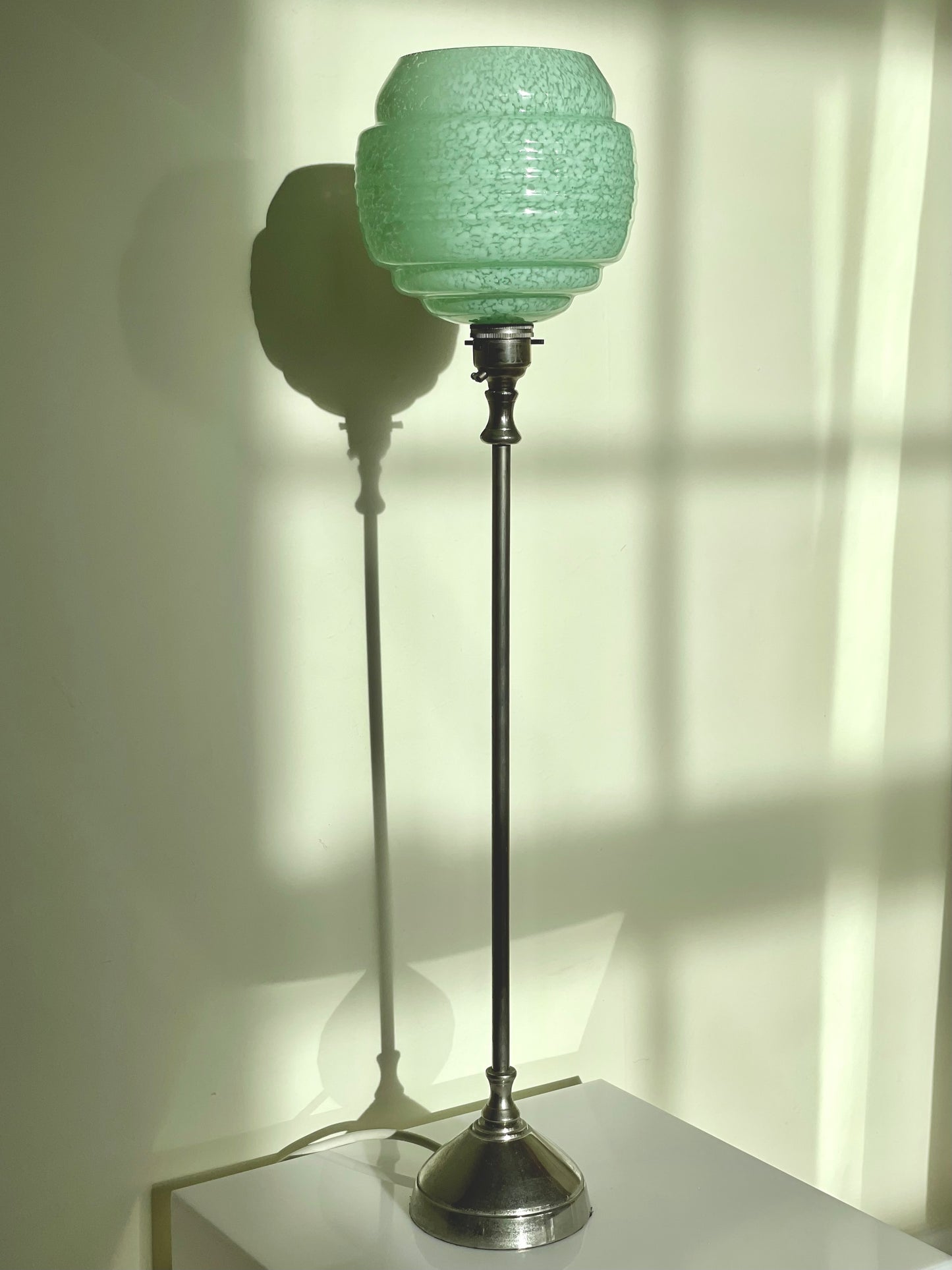 Tall pewter and mint green Art Deco lamp