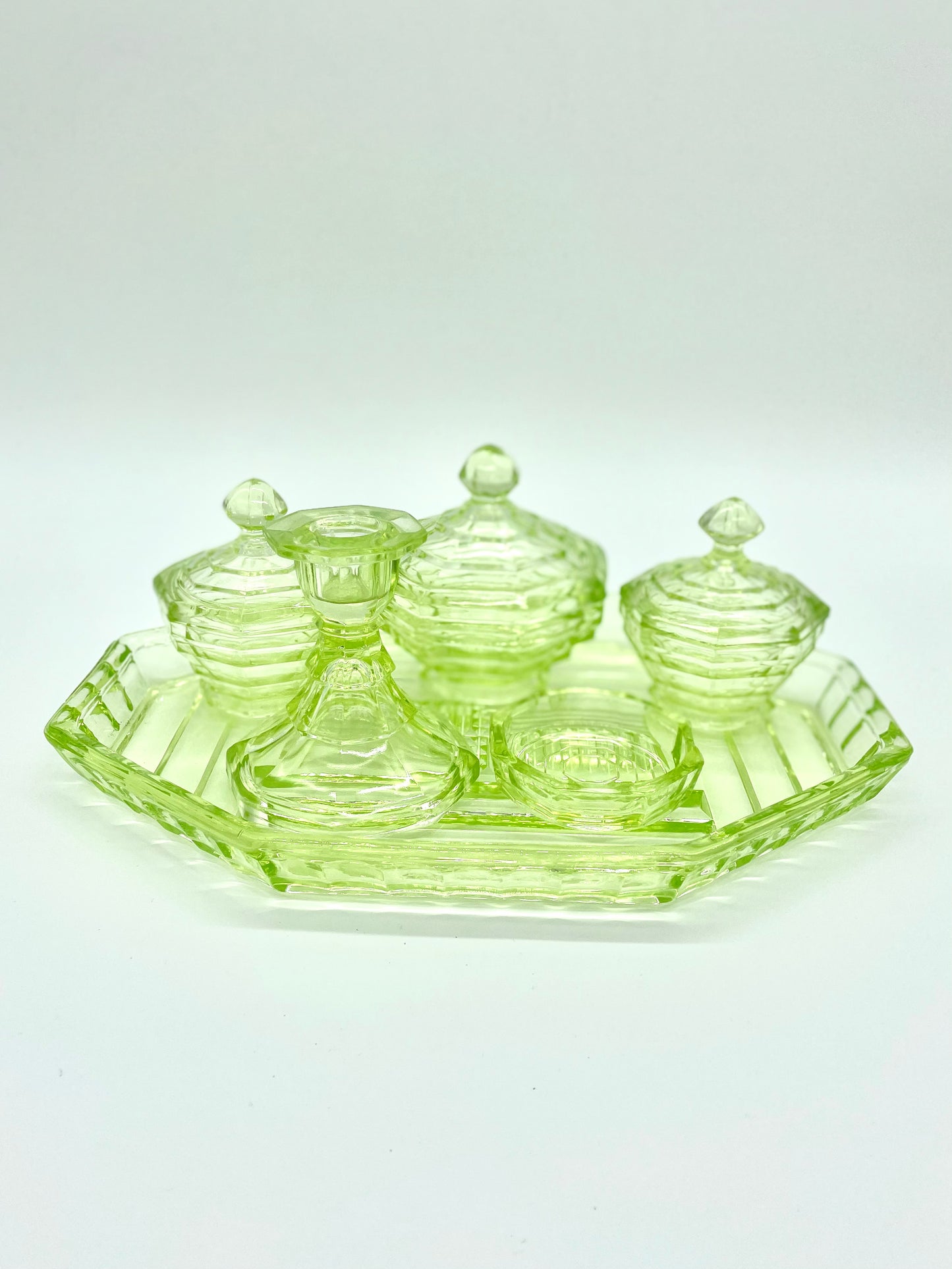 Lime green uranium glass Art Deco trinket pot and ring dish
