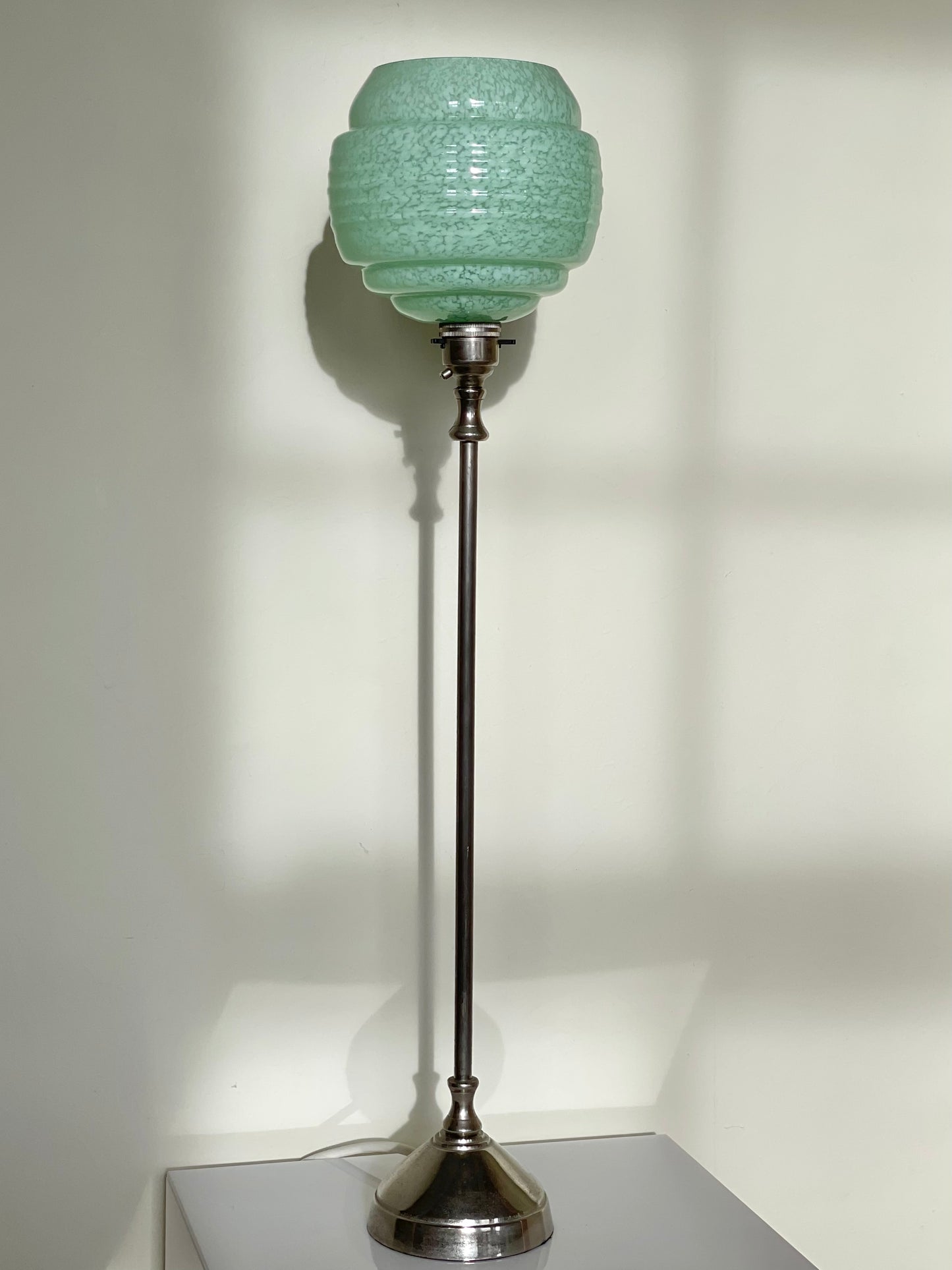 Tall pewter and mint green Art Deco lamp