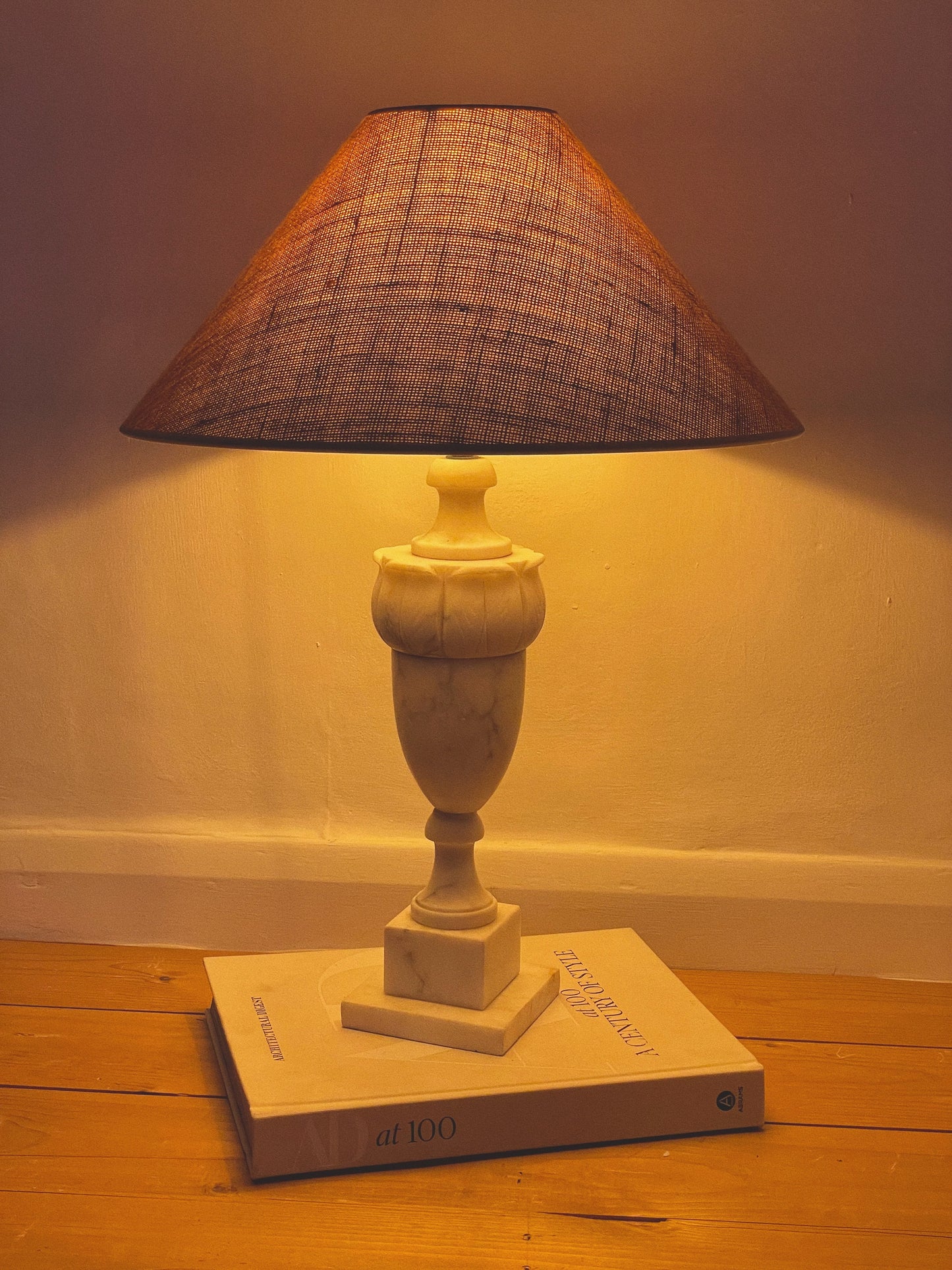 Large marble lamp with hessian shade