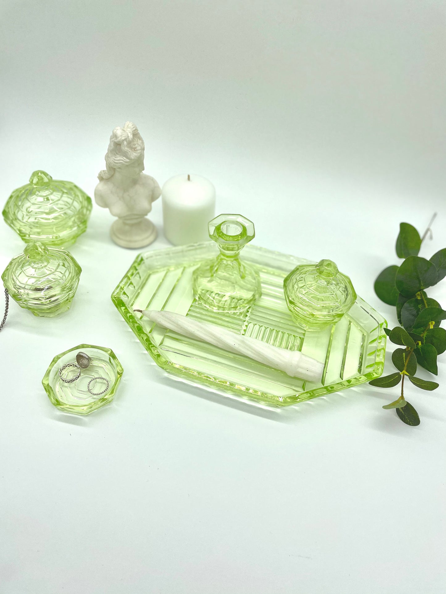 Lime Art Deco uranium glass candlestick holder