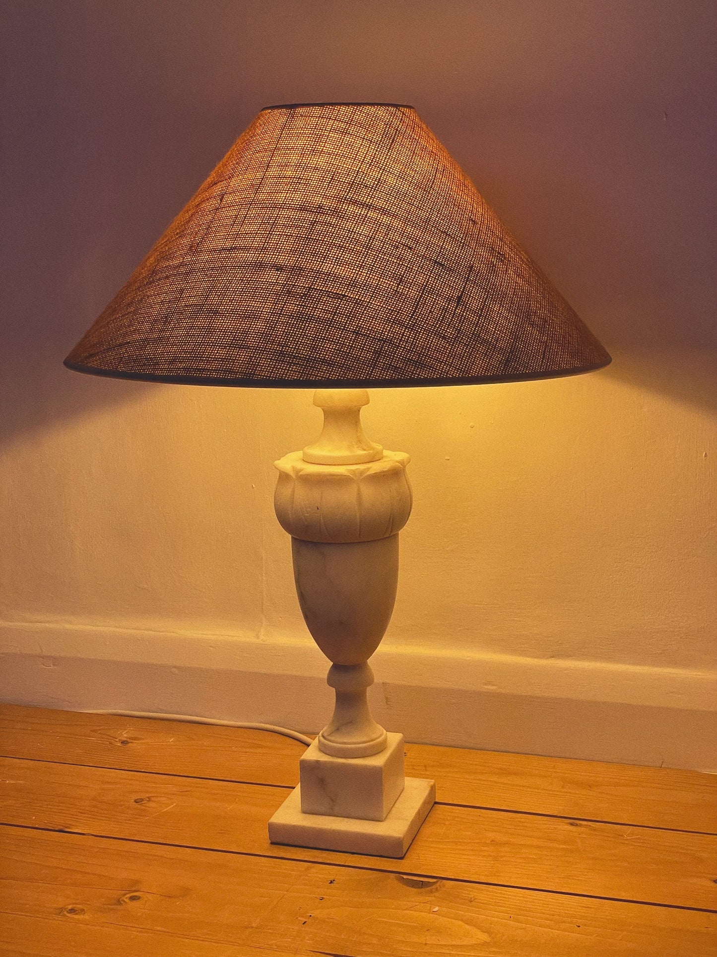Large marble lamp with hessian shade