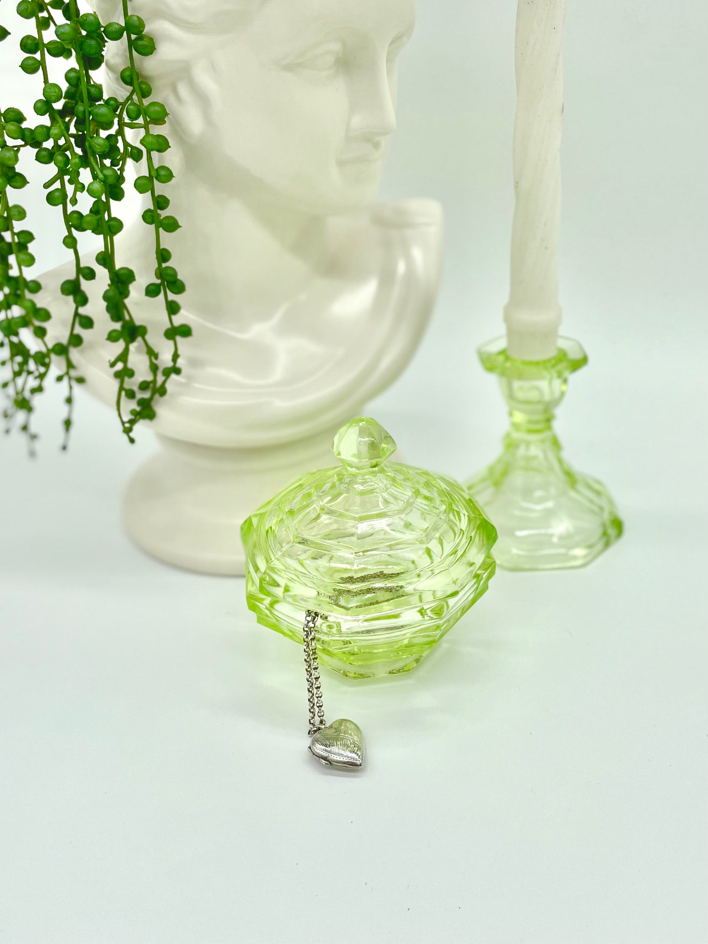 Lime green uranium glass Art Deco trinket pot and ring dish
