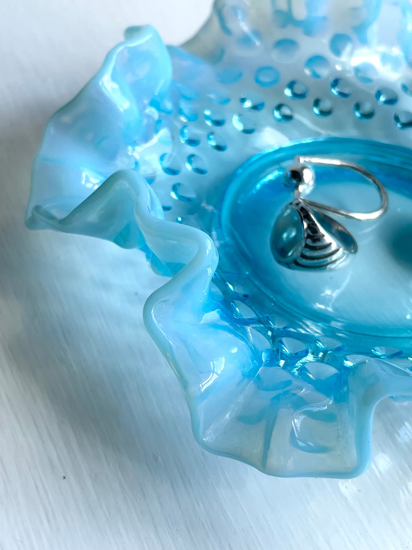 Fenton opalescent blue hobnail dish