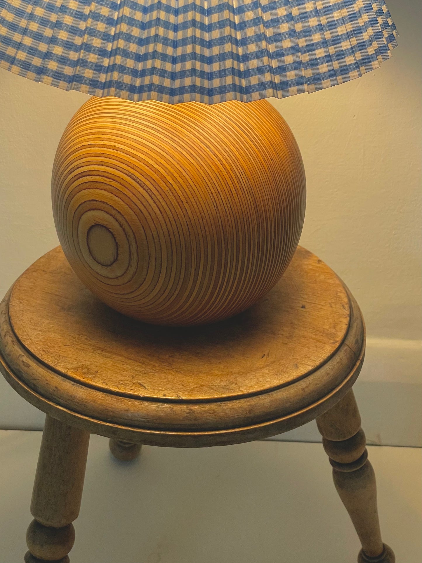 Mid-century mixed wood lamp with gingham shade