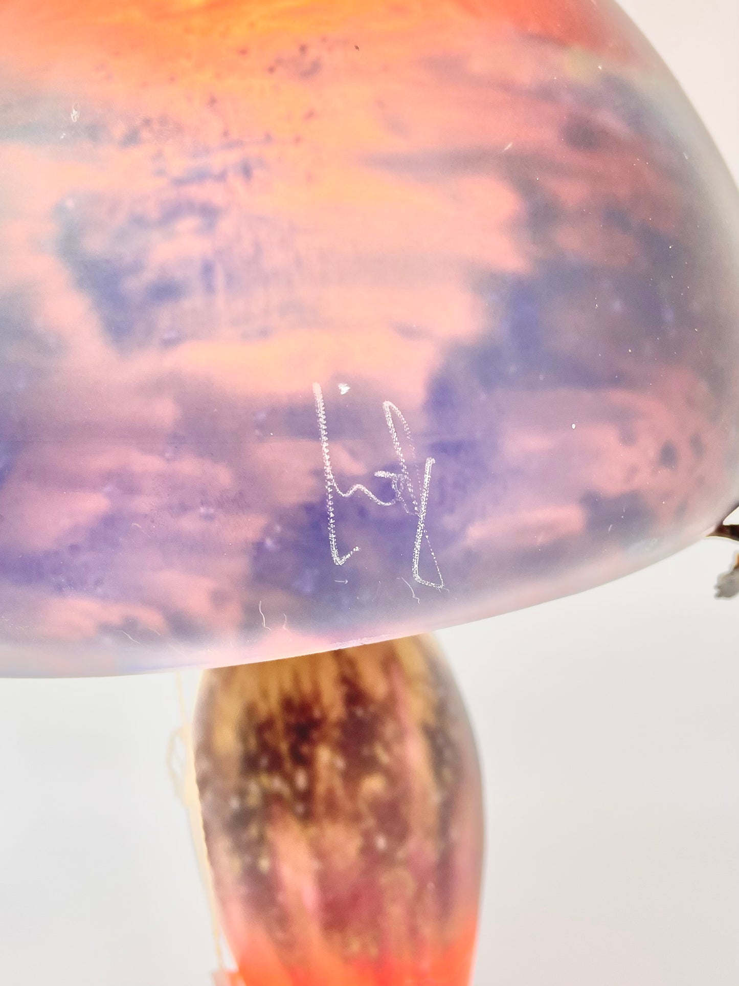 Pate de verre pink and purple mushroom lamp