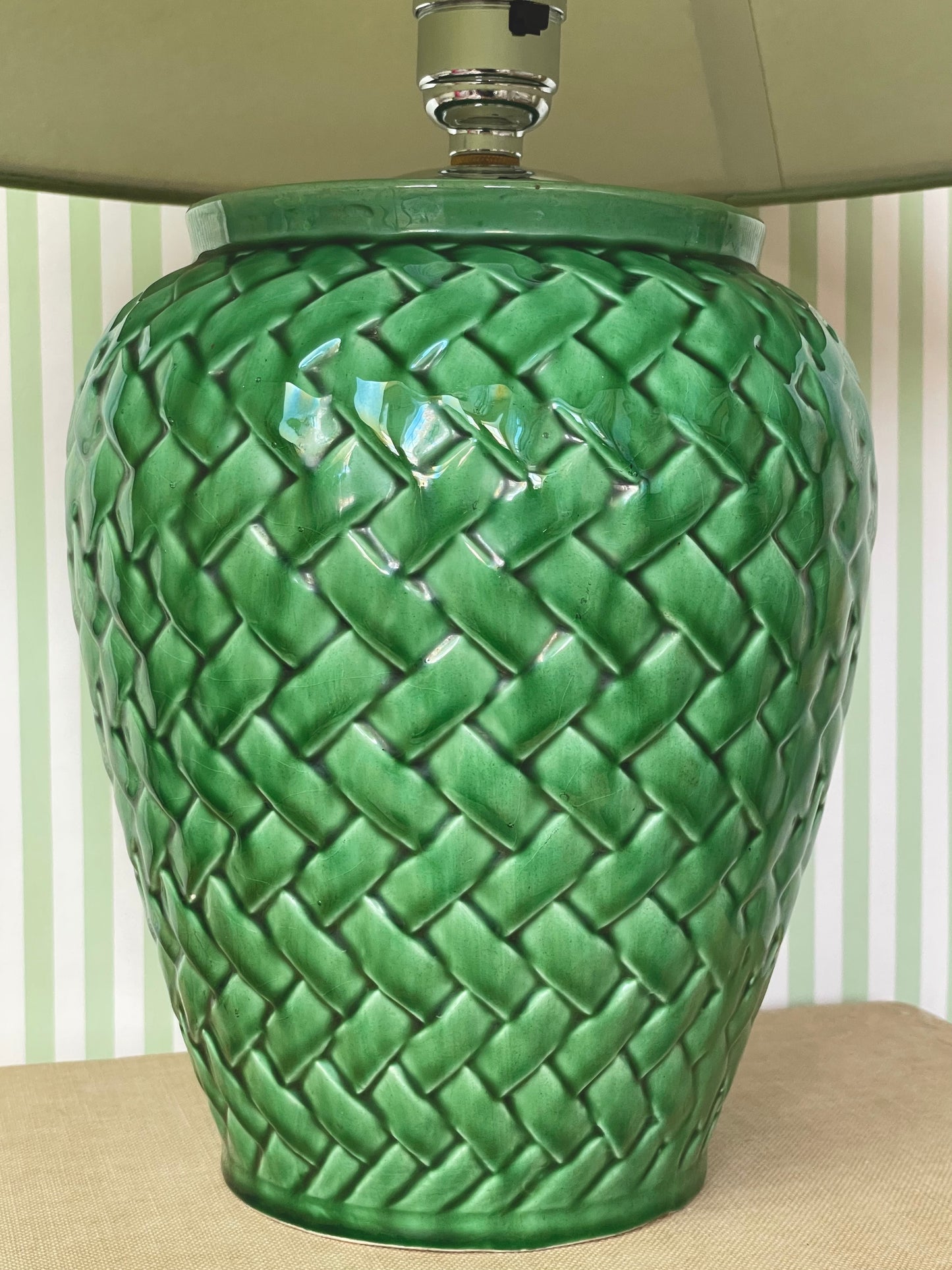 Green basket weave ceramic lamp with coolie shade