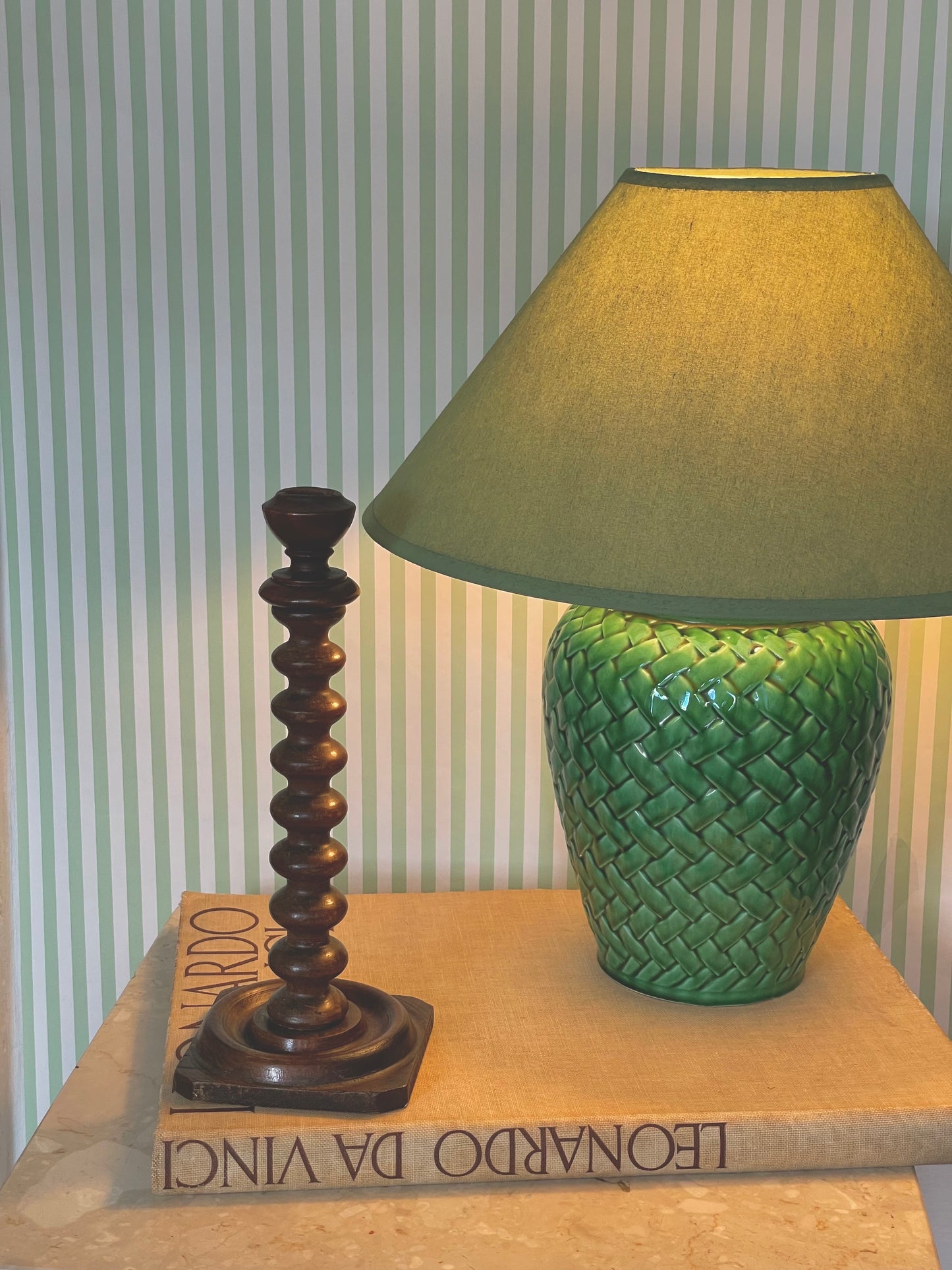 Green basket weave ceramic lamp with coolie shade
