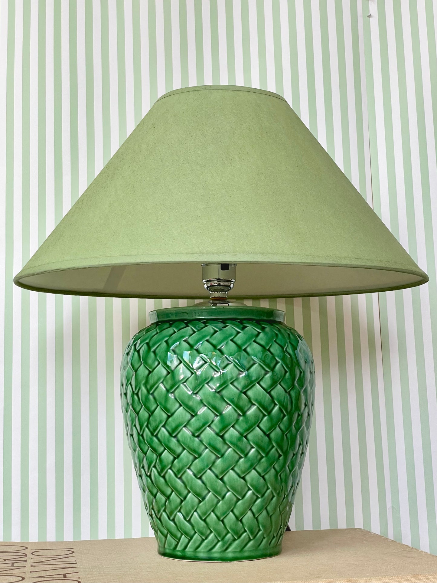 Green basket weave ceramic lamp with coolie shade