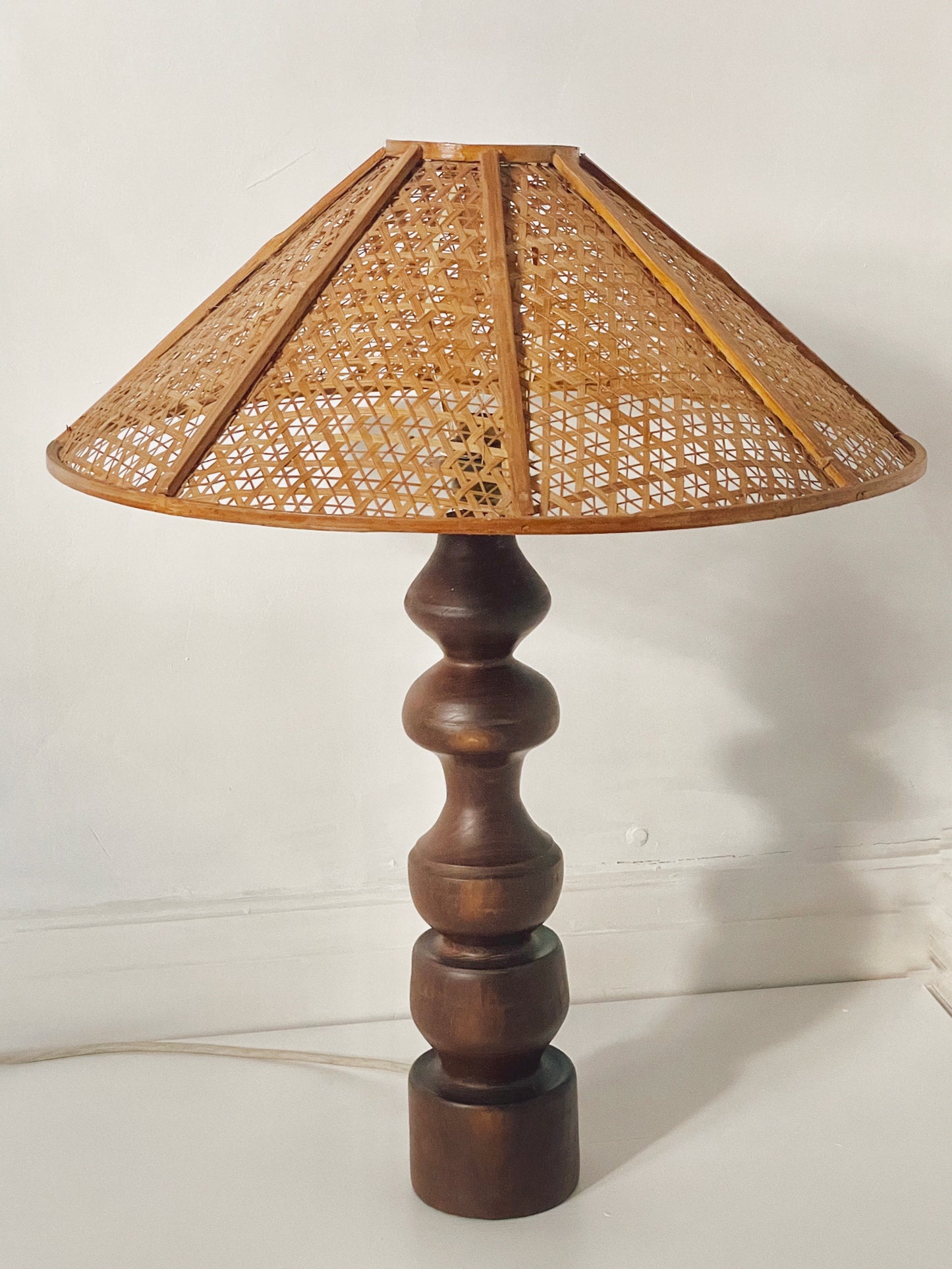 Scandi free form solid wood & rattan lamp