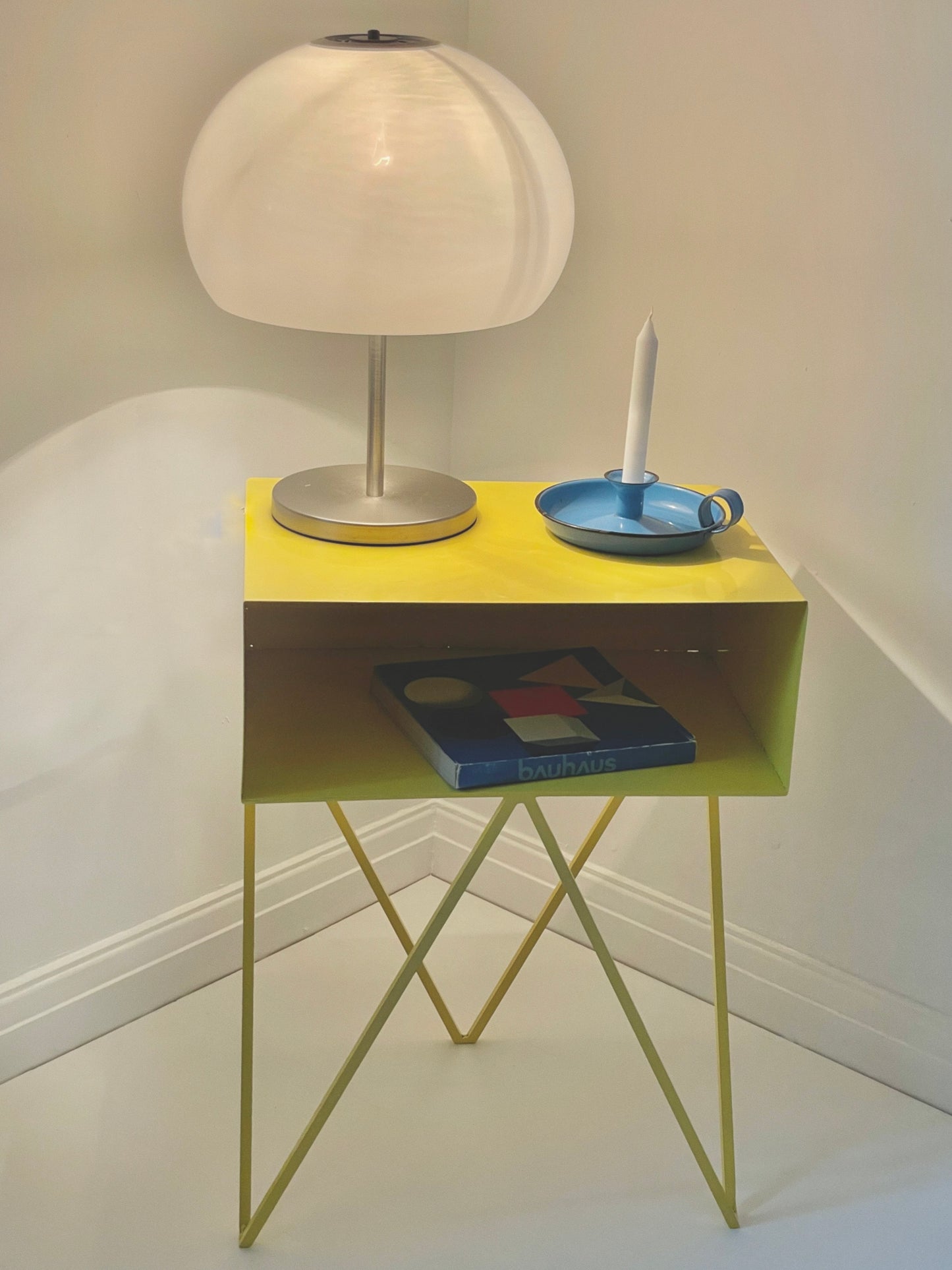 Yellow industrial metal side table