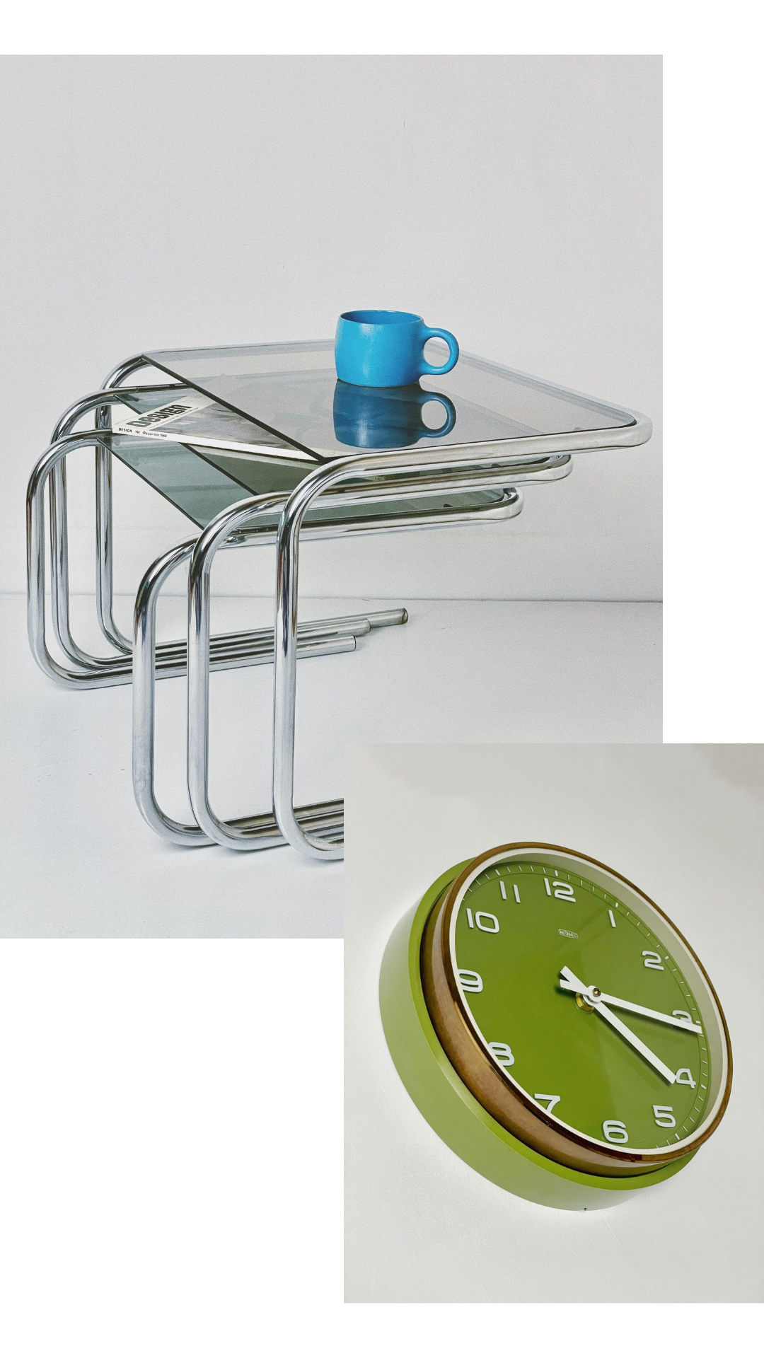 Archival Homeware edit with a chrome glass table, blue cup, and green wall clock.