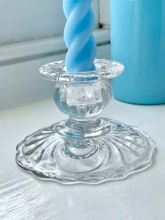 Short patterned clear glass candlestick holder