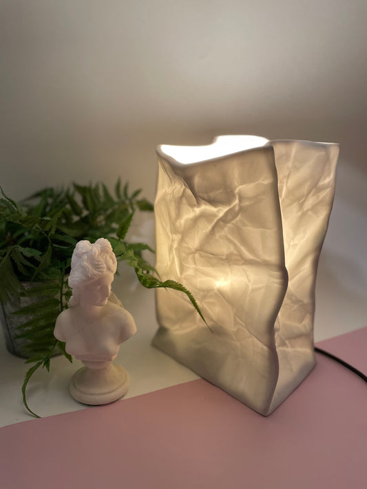 Paper bag style ceramic lamp