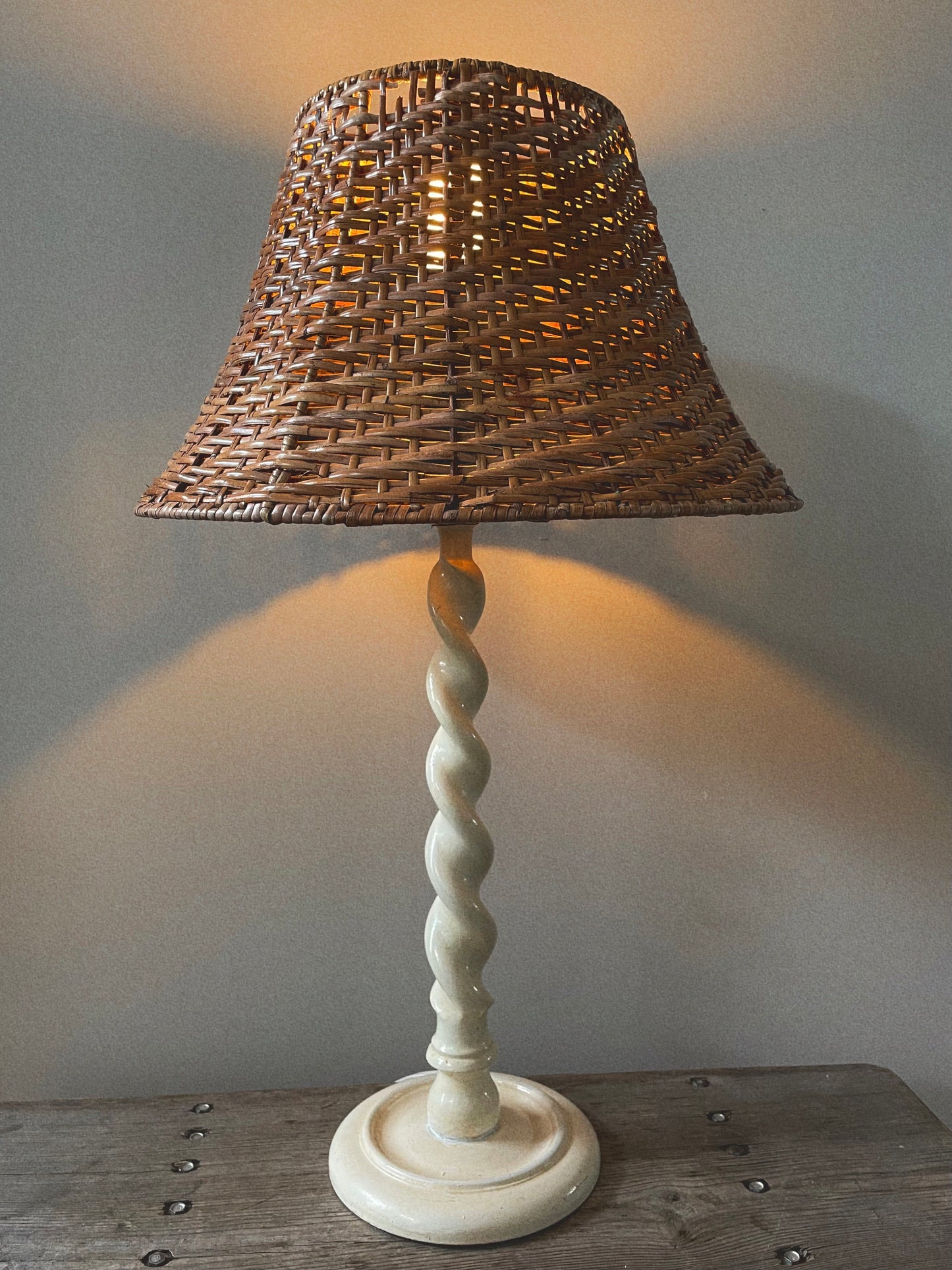 Barley twist and wicker lamp