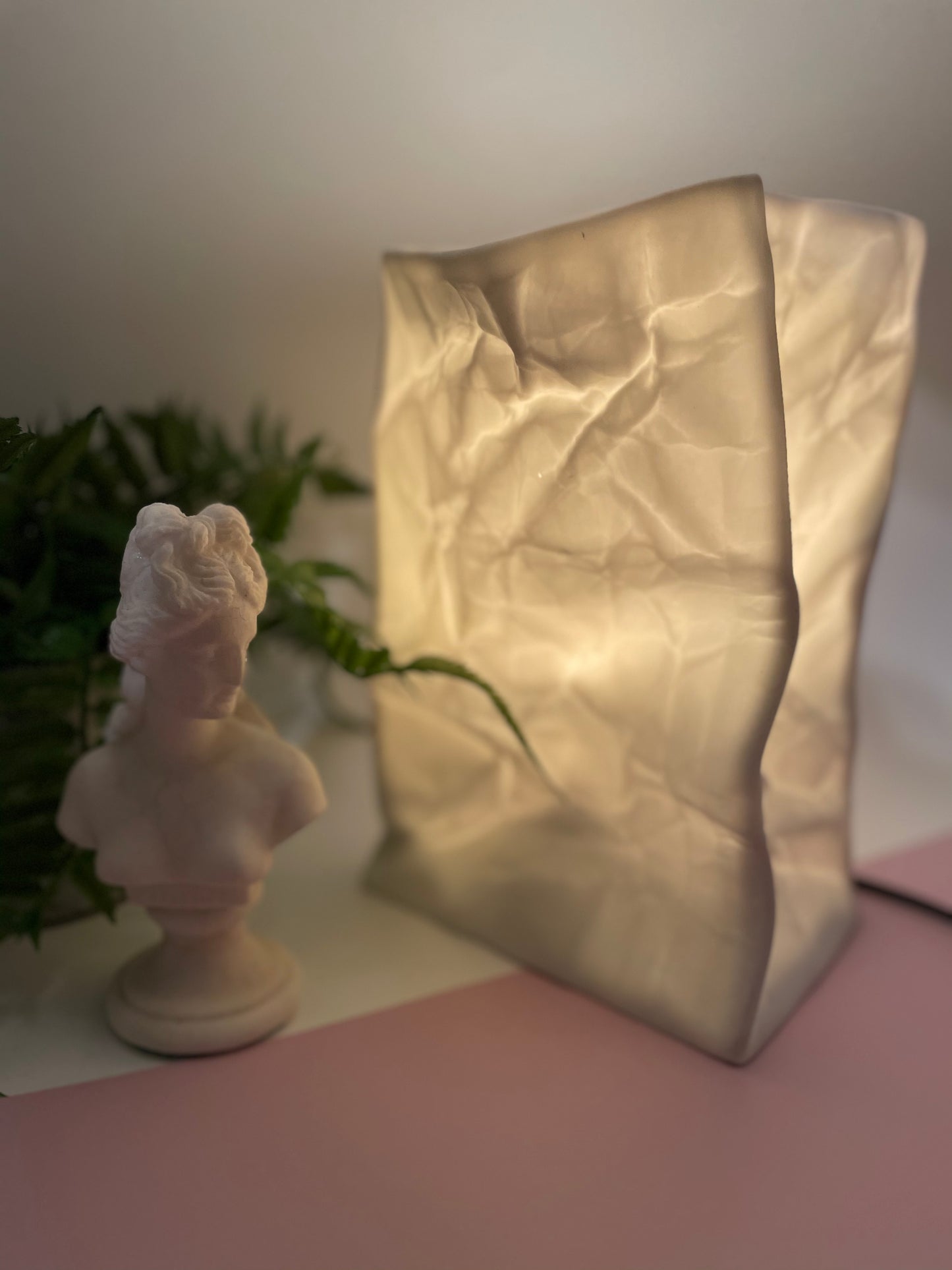 Paper bag style ceramic lamp