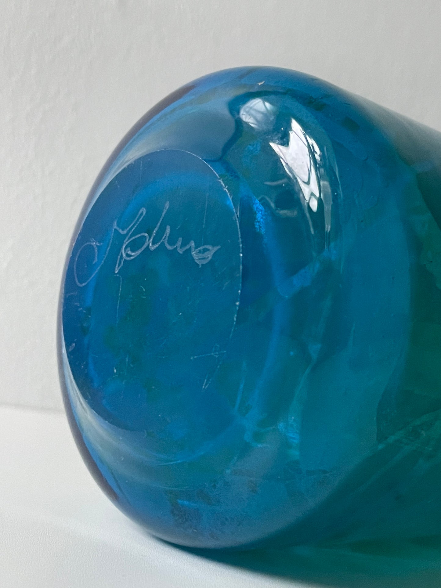 Signed Micheal Harris Mdina blue and green vase