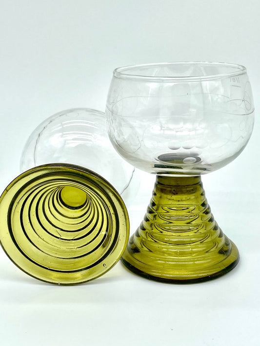 Set of three olive green ripple stemmed glasses