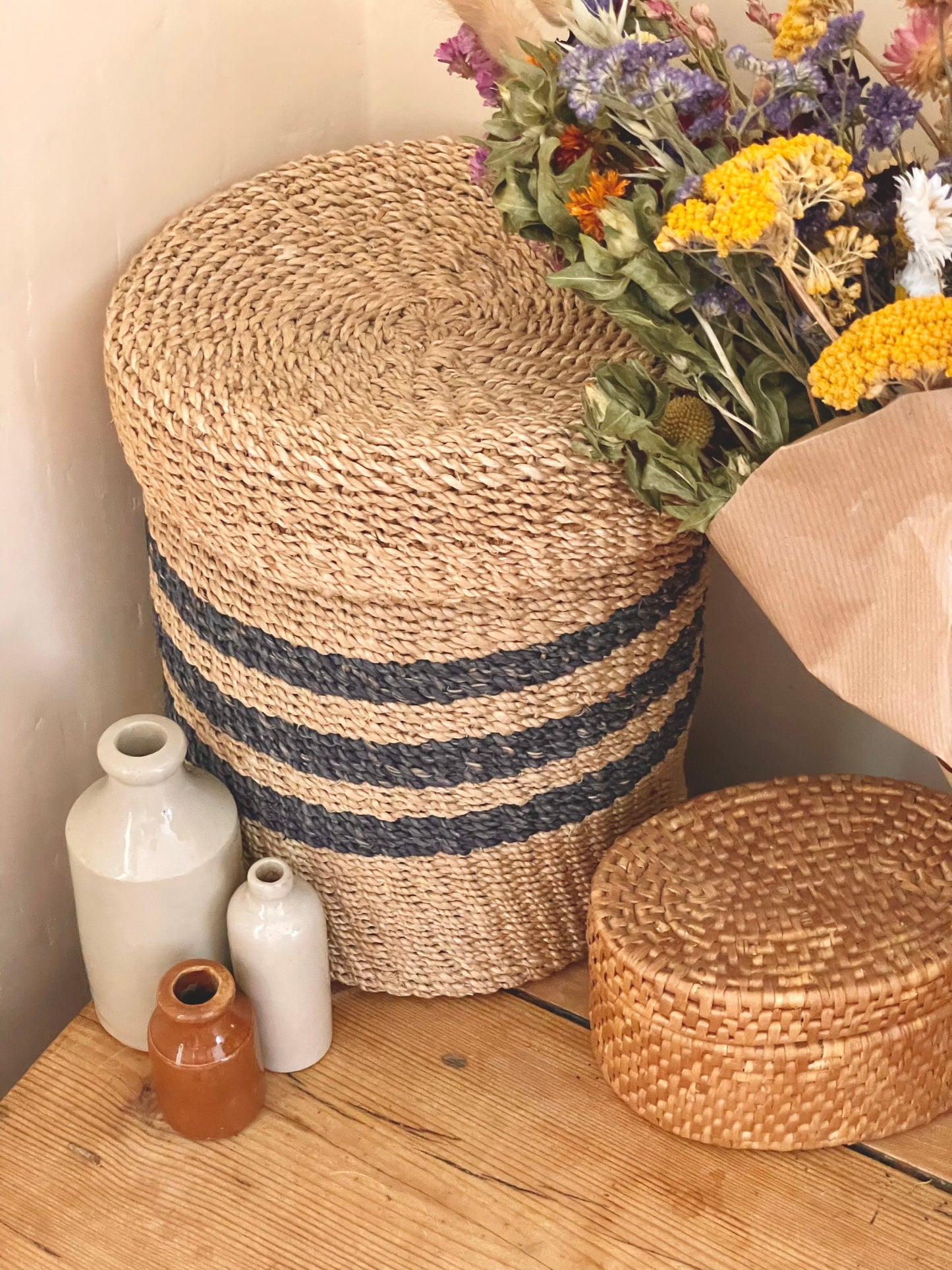 Striped woven basket