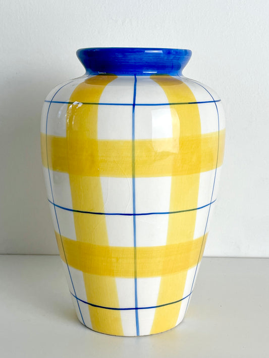 Yellow and blue ceramic checkered vase