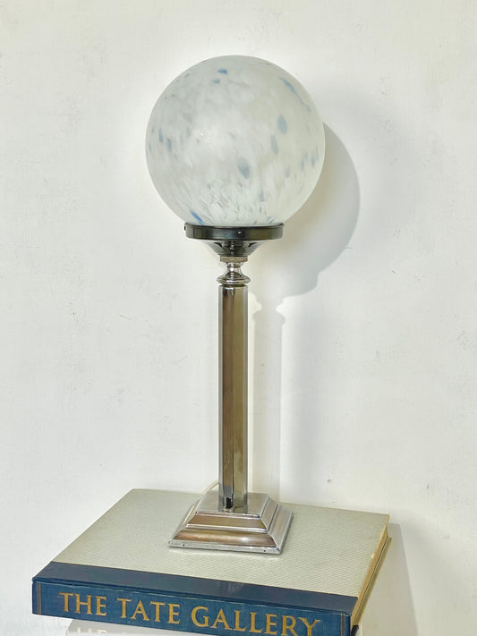 Chrome Art Deco lamp with blue flecked globe
