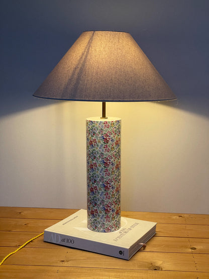 Large chintz style lamp with XL linen coolie shade