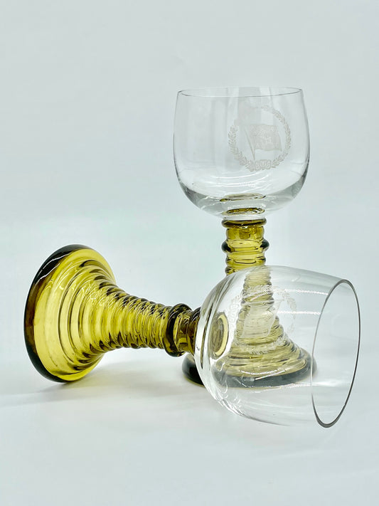 Pair of olive beehive stemmed wine glasses