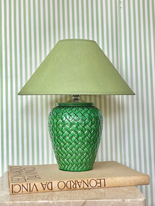 Green basket weave ceramic lamp with coolie shade