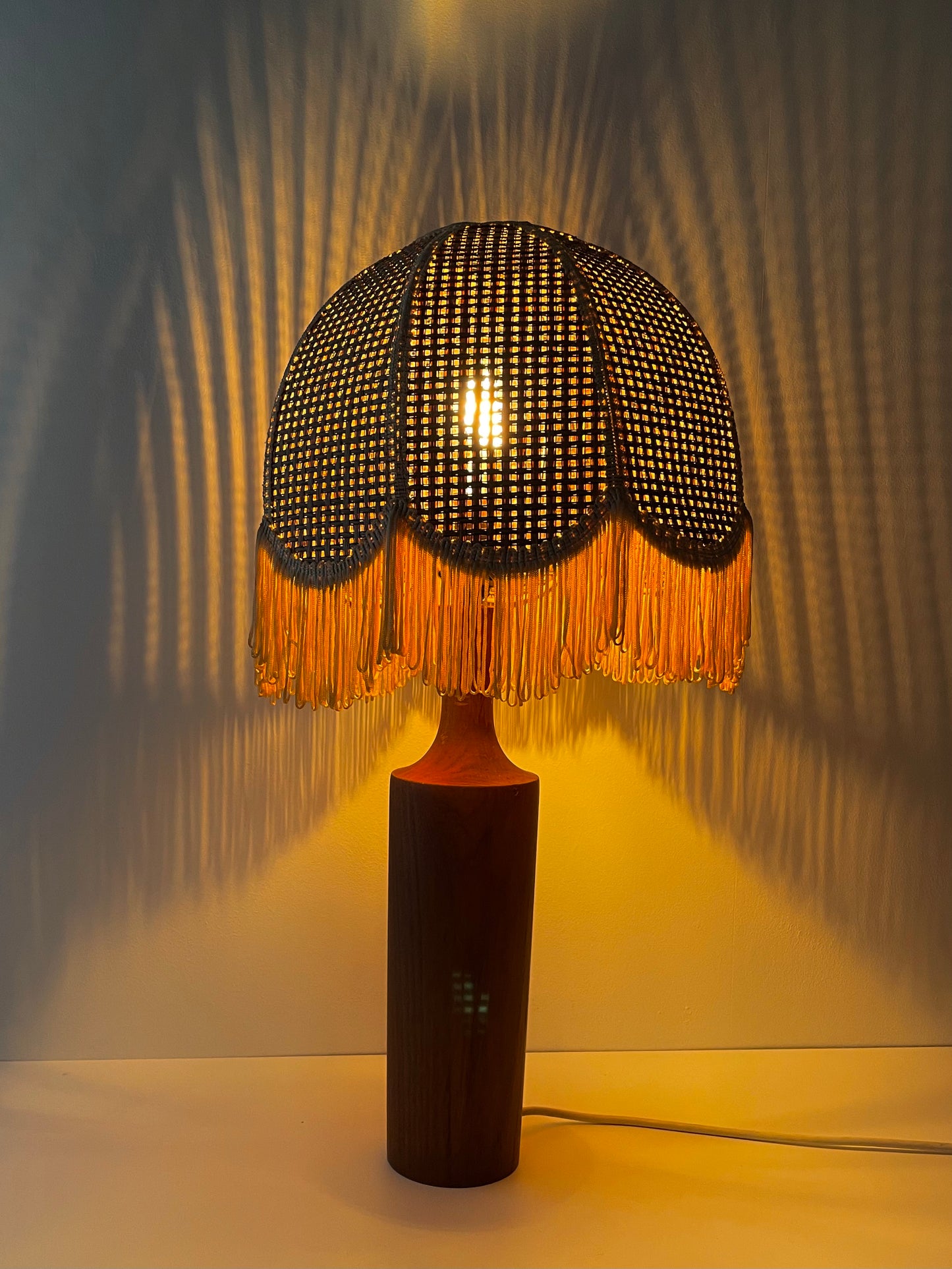 Vintage teak and rattan lamp