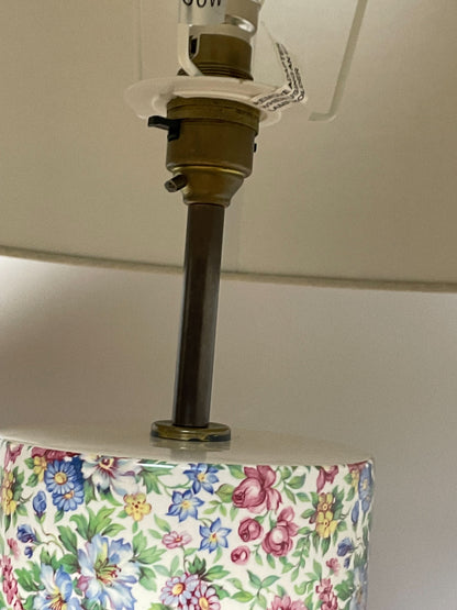 Large chintz style lamp with XL linen coolie shade