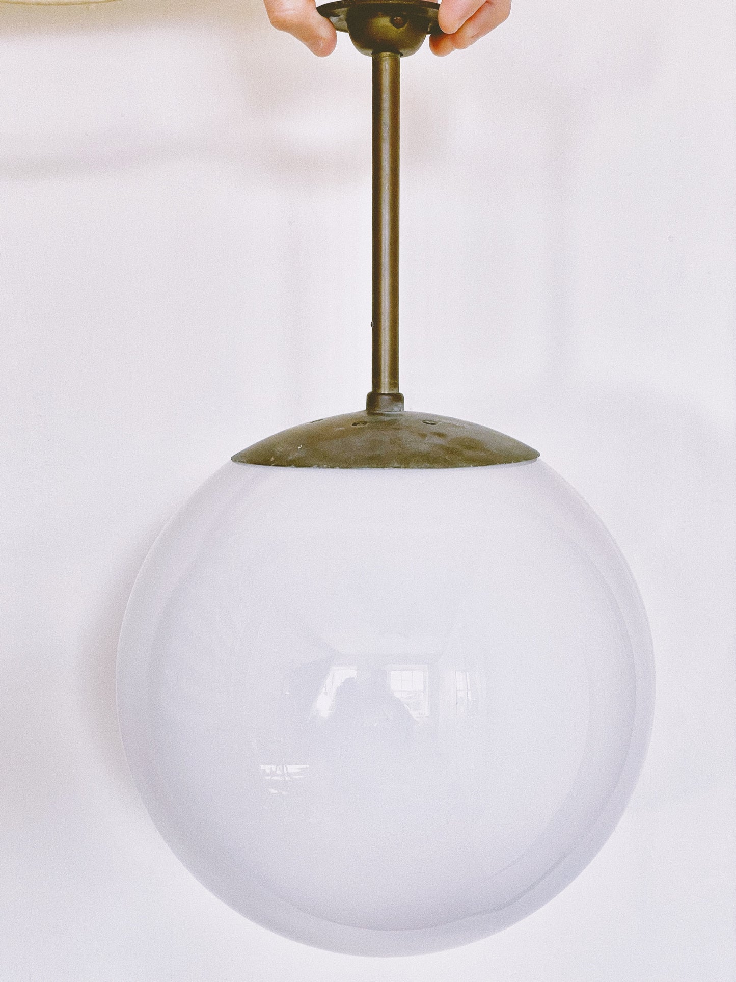 Art deco opaque glass & antique brass ceiling pendant